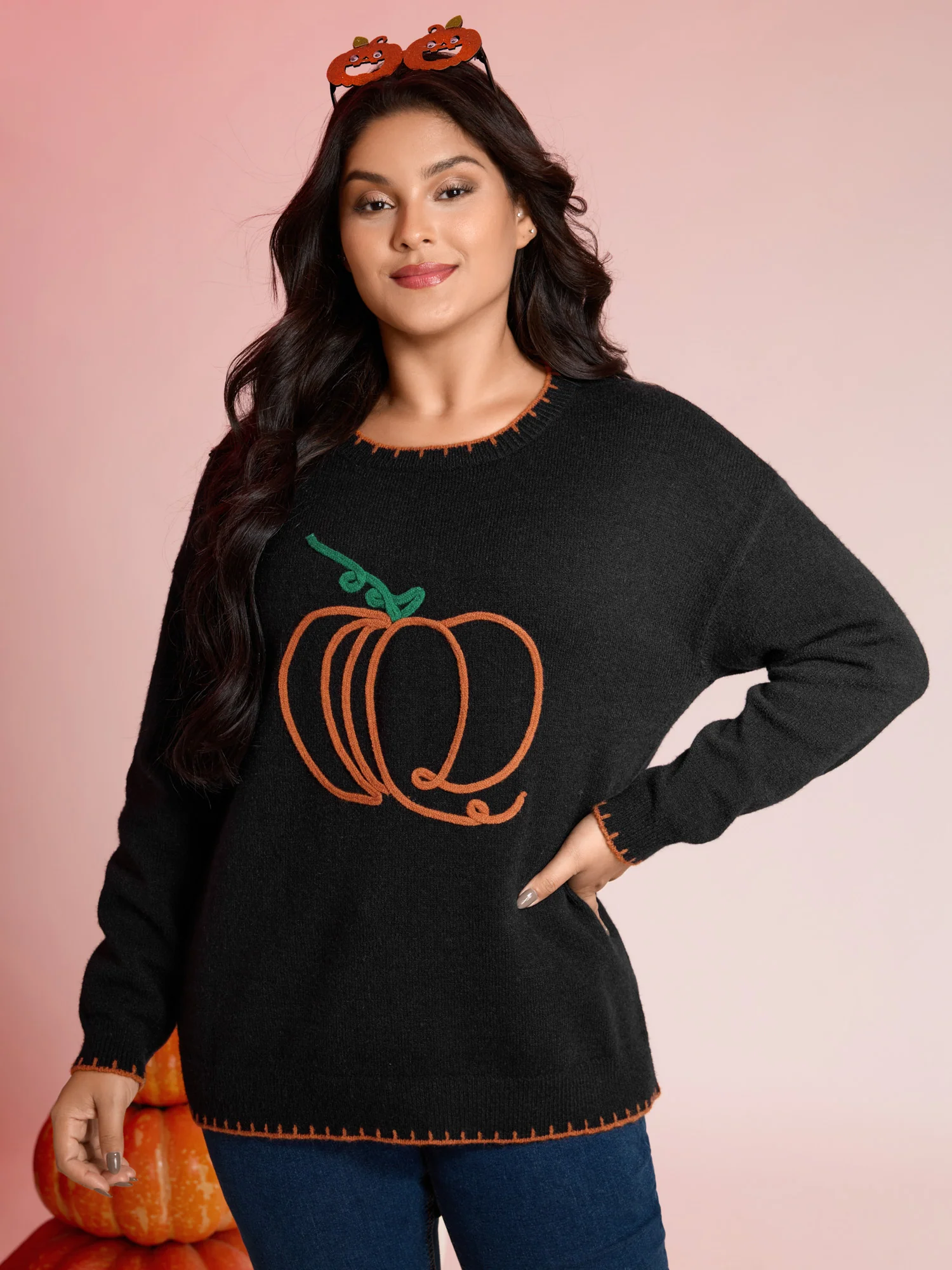 Pumpkin Rope Embroidery Contrast Pullover - Image 2