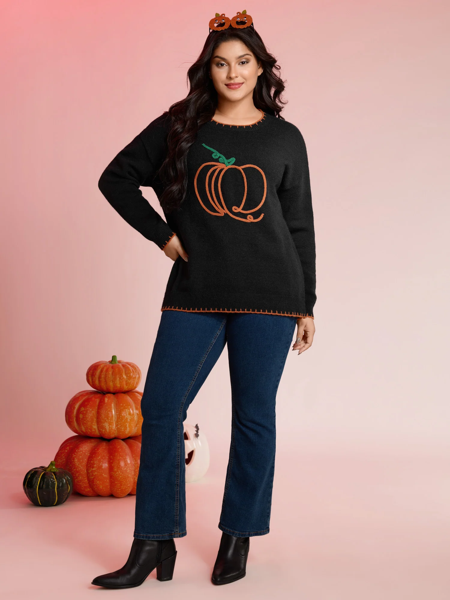 Pumpkin Rope Embroidery Contrast Pullover - Image 3