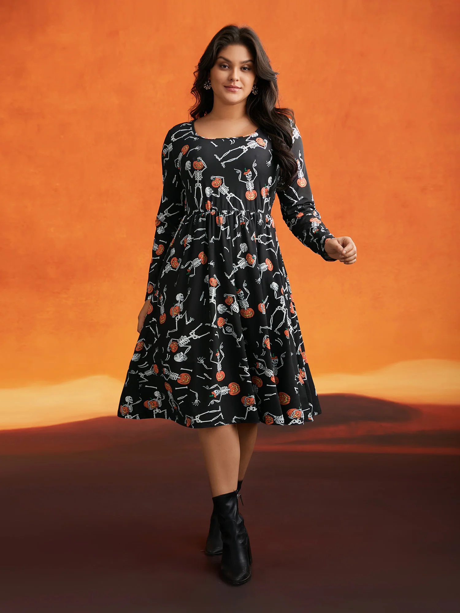 Pumpkin Skeleton Elastic Waist Midi Dress - Image 2