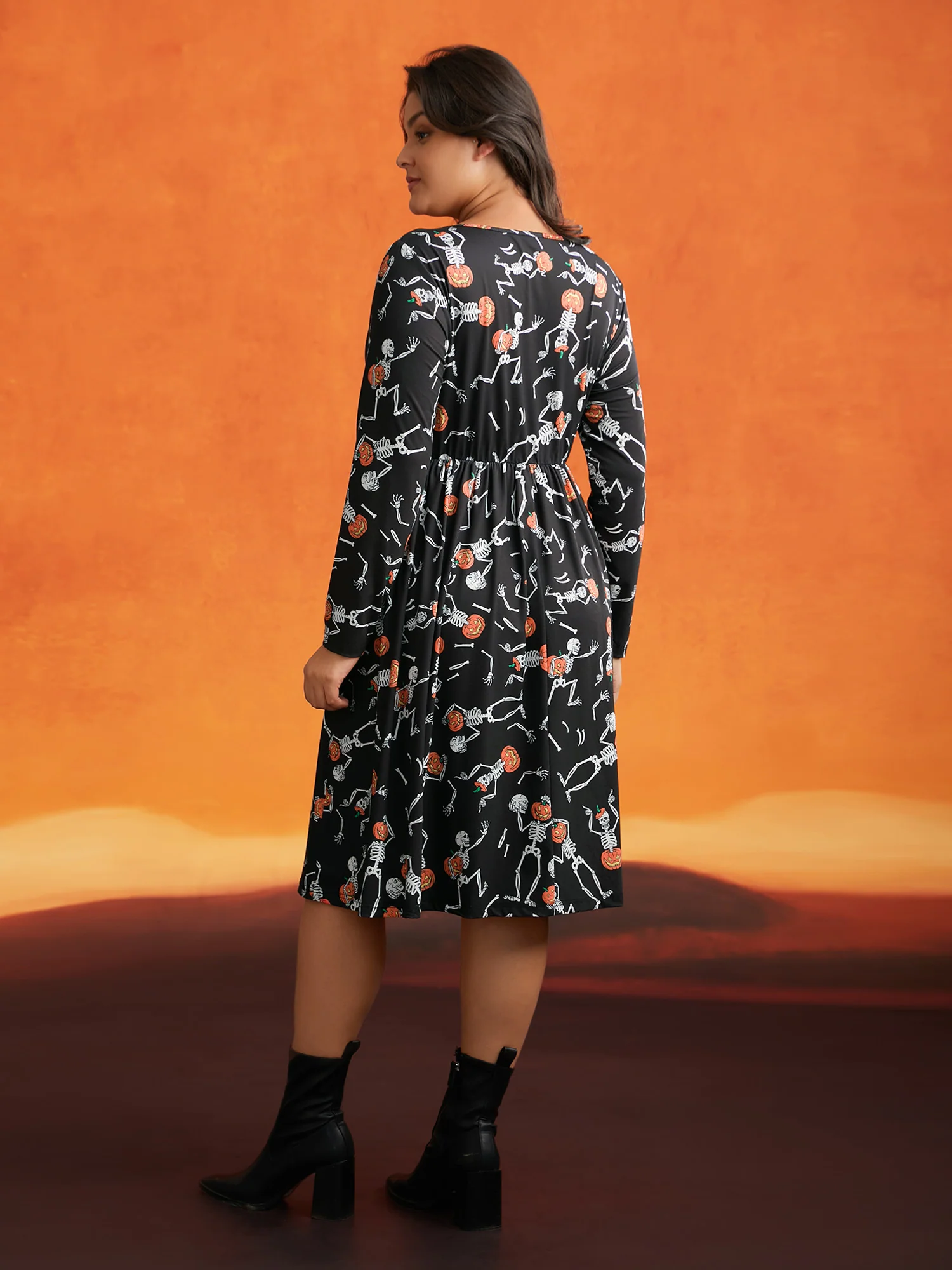 Pumpkin Skeleton Elastic Waist Midi Dress - Image 3