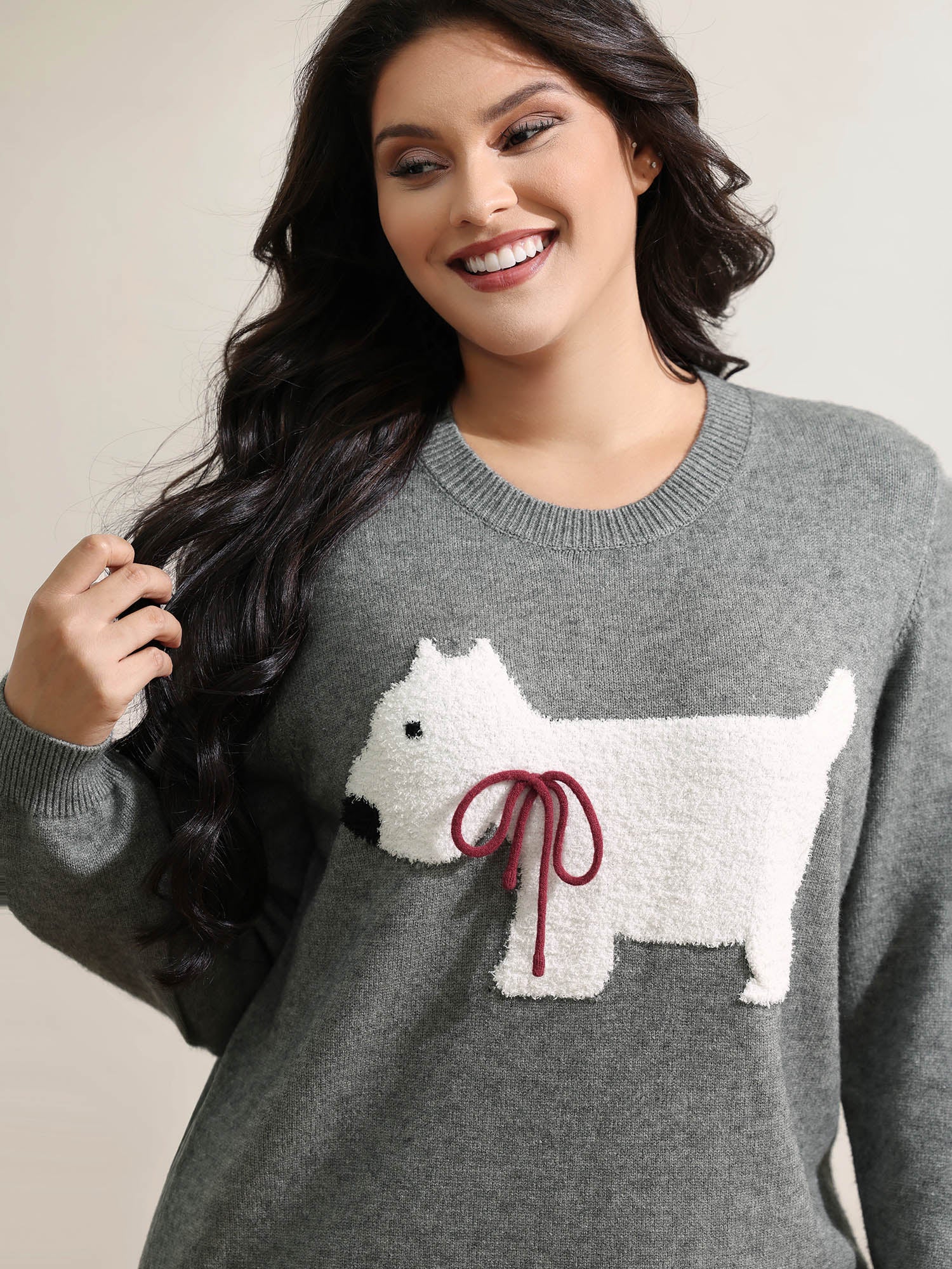 Puppy Bowknot Motif Textured Pullover - Image 2