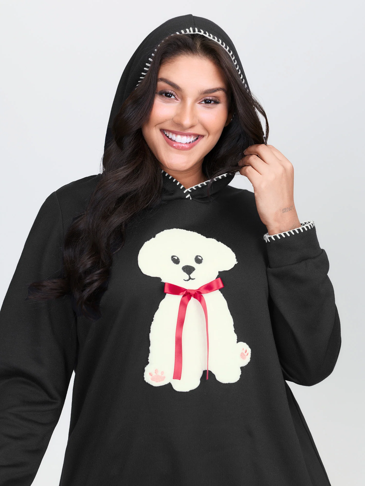 Puppy Embroidered Stretchy Contrast Hoodie - Image 2
