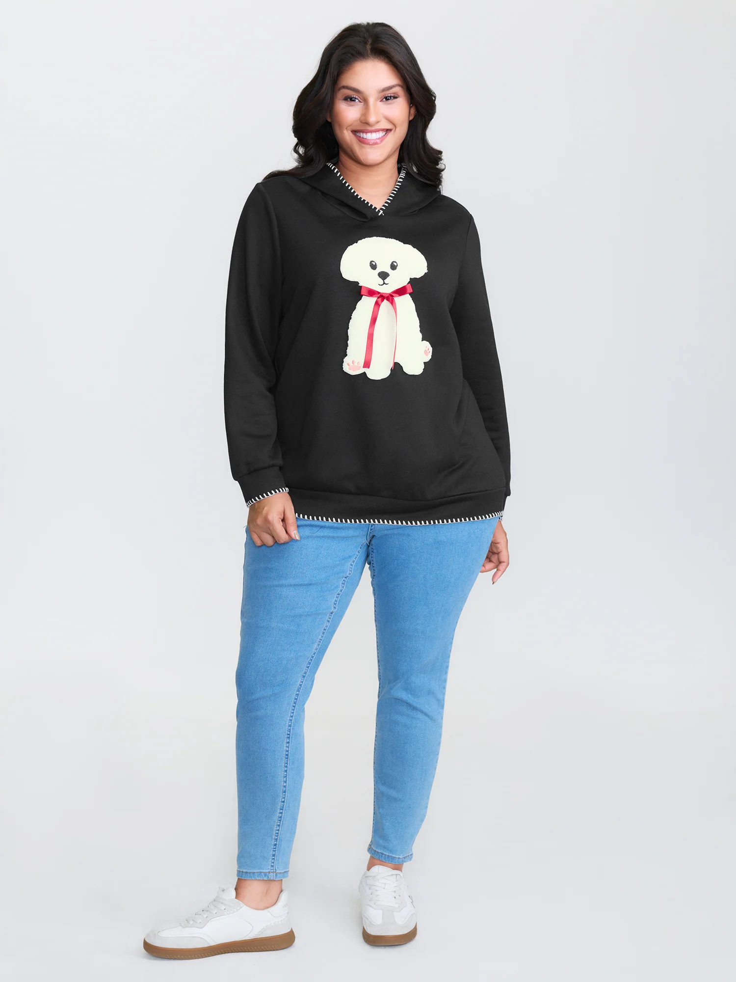 Puppy Embroidered Stretchy Contrast Hoodie - Image 3