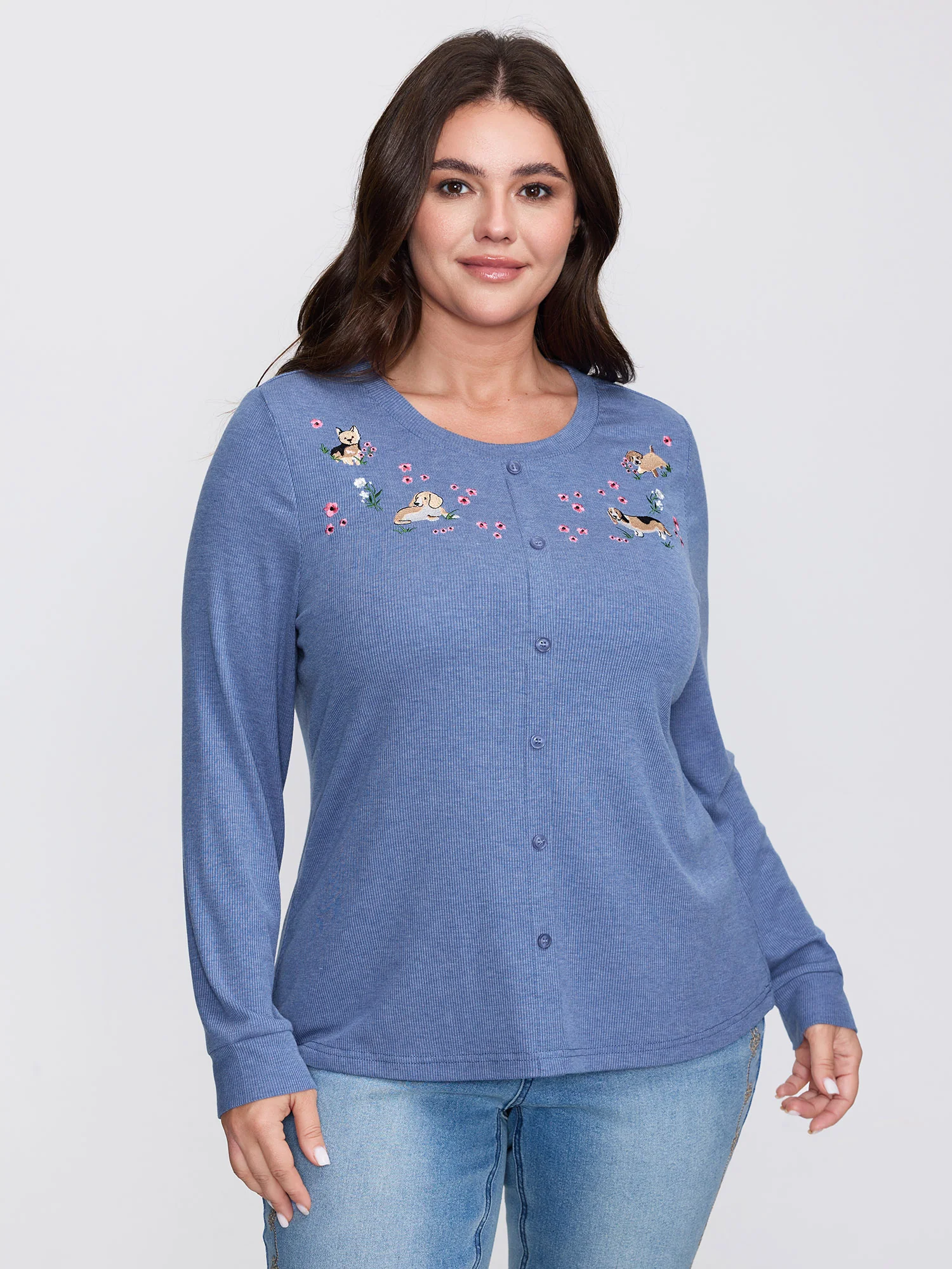 Puppy Embroidery Buttons Fitted T-Shirt - Image 2