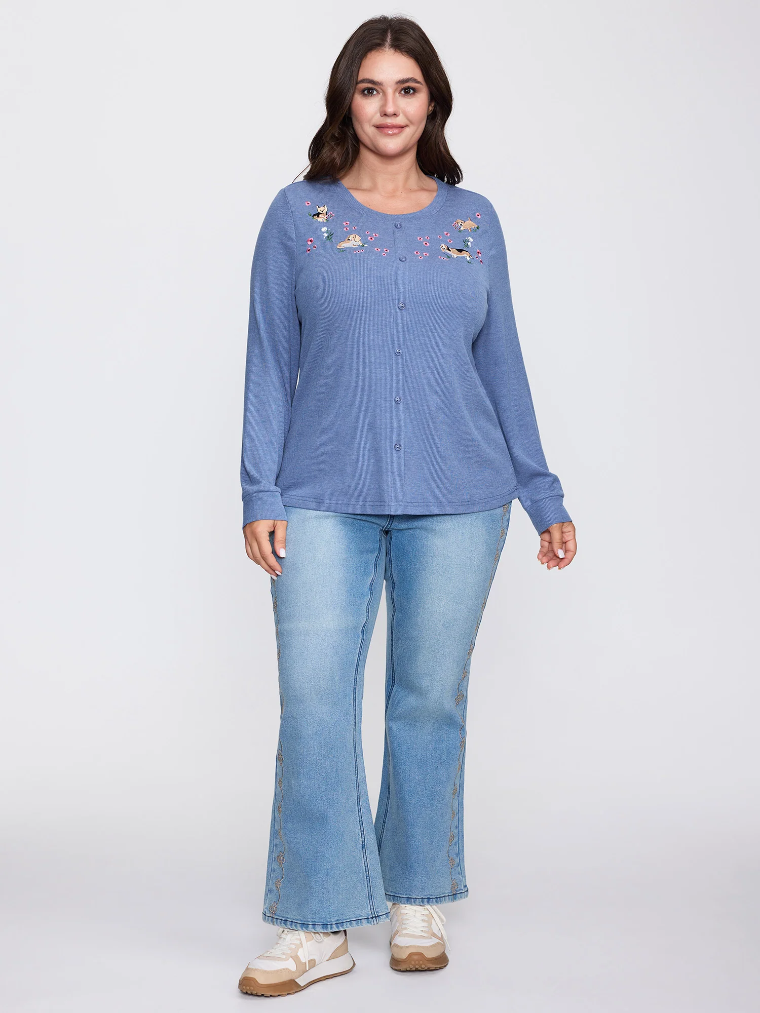 Puppy Embroidery Buttons Fitted T-Shirt - Image 3