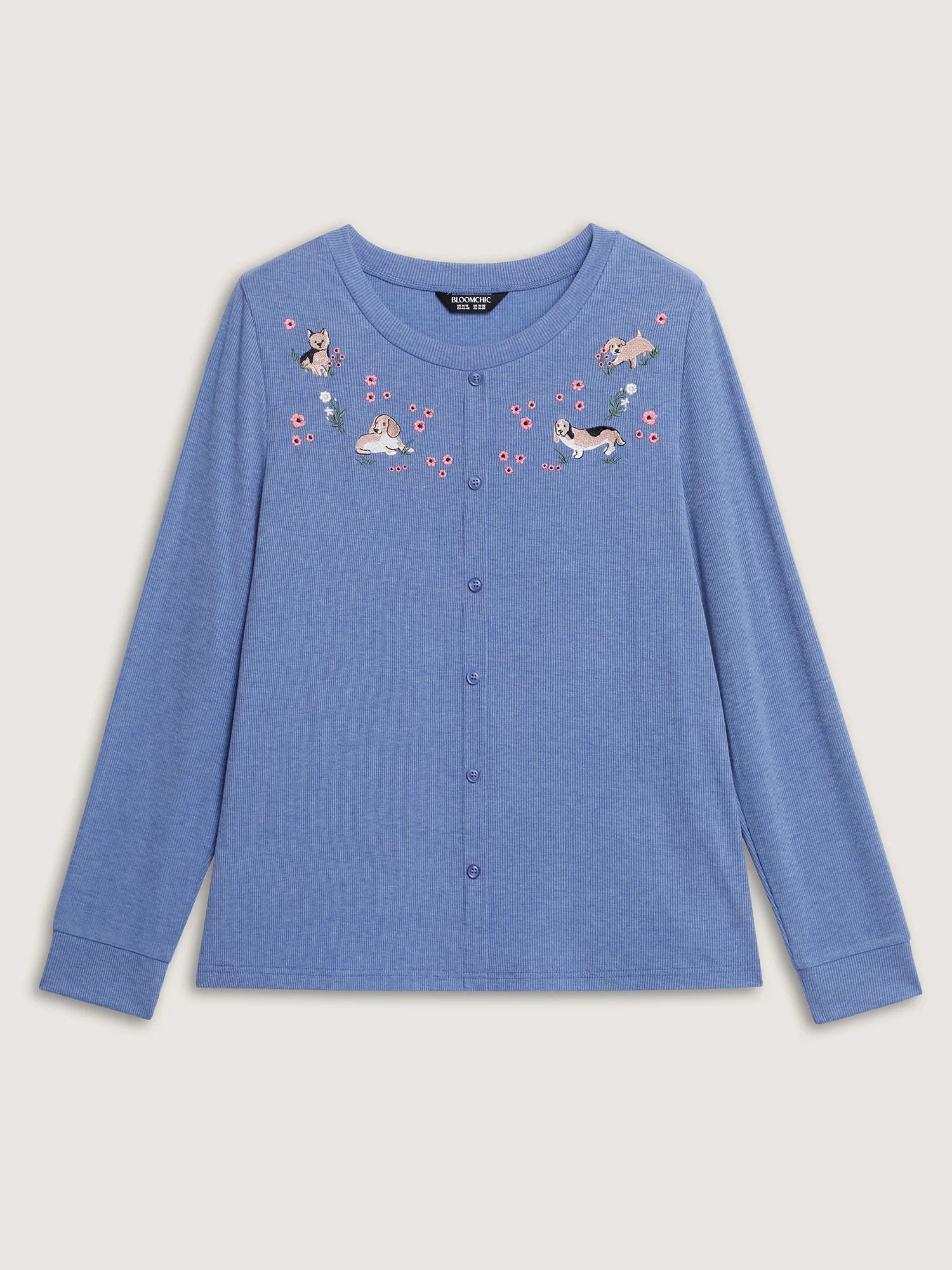 Puppy Embroidery Buttons Fitted T-Shirt - Image 7