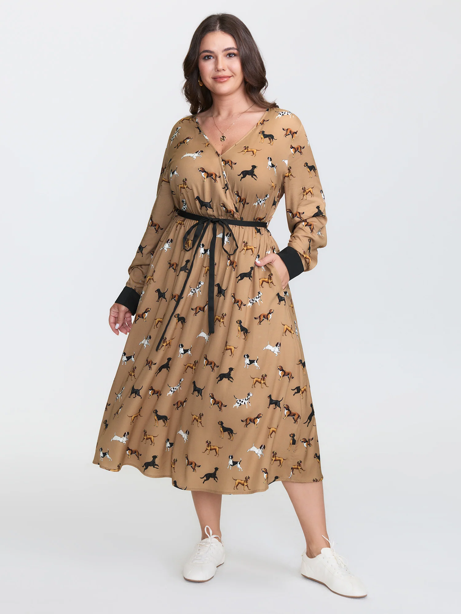 Puppy Print Waist-Tie Color Contrast Midi Dress - Image 3