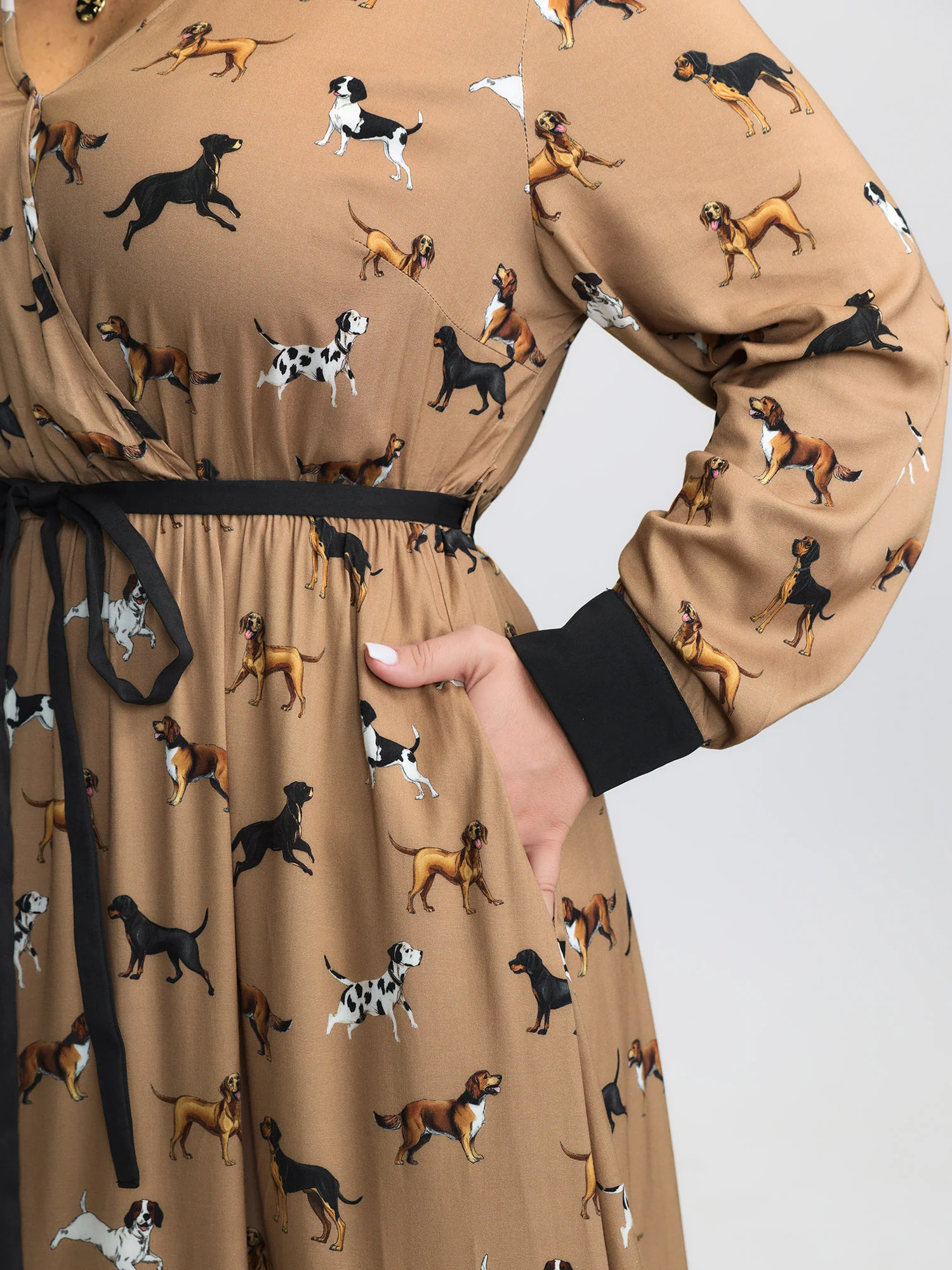 Puppy Print Waist-Tie Color Contrast Midi Dress - Image 4