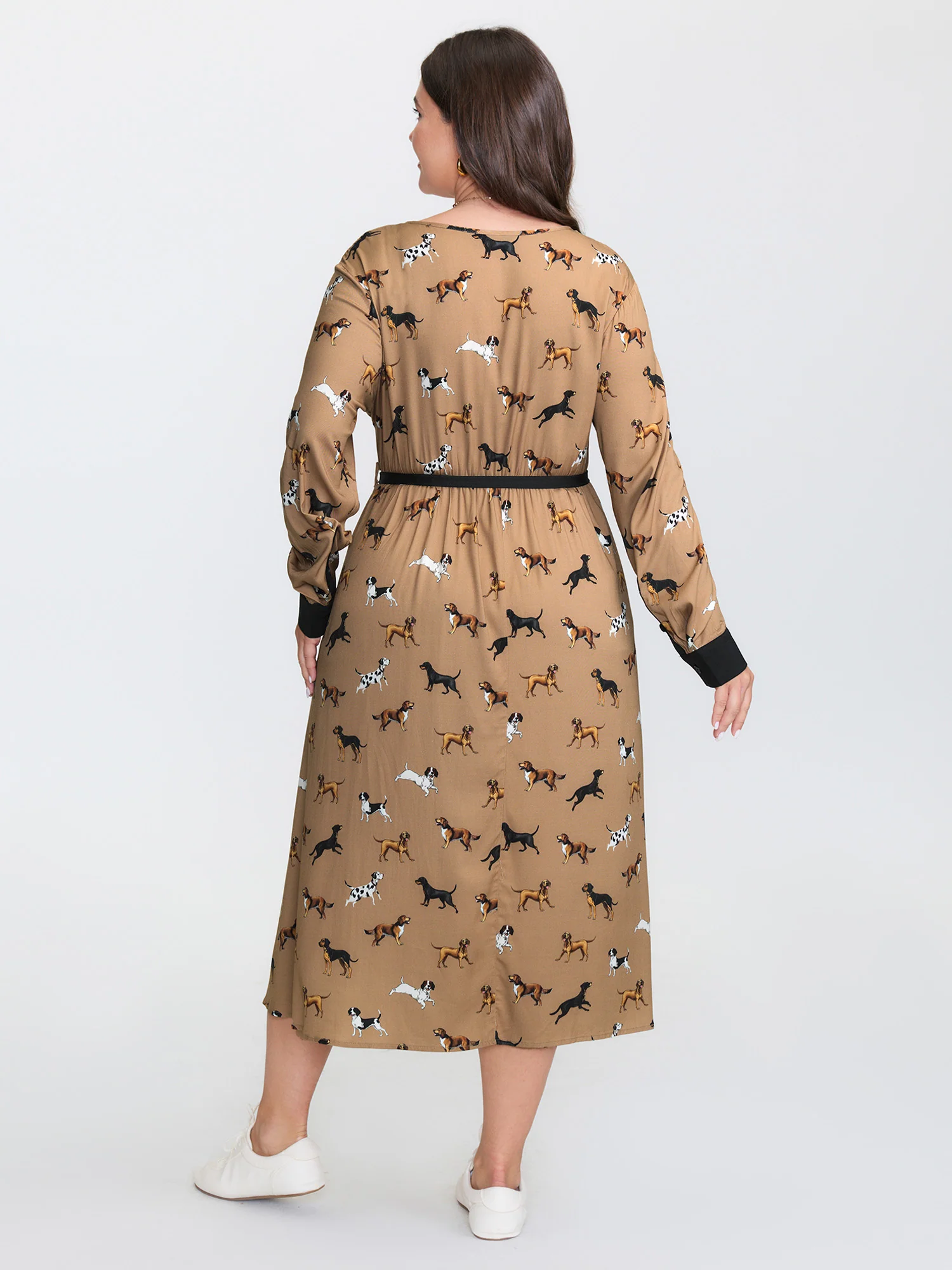 Puppy Print Waist-Tie Color Contrast Midi Dress - Image 5