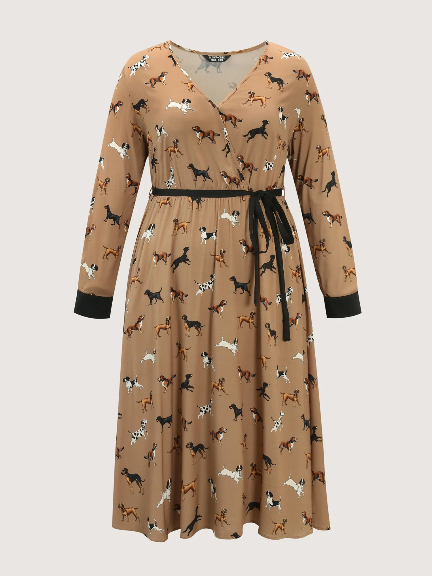 Puppy Print Waist-Tie Color Contrast Midi Dress - Image 8