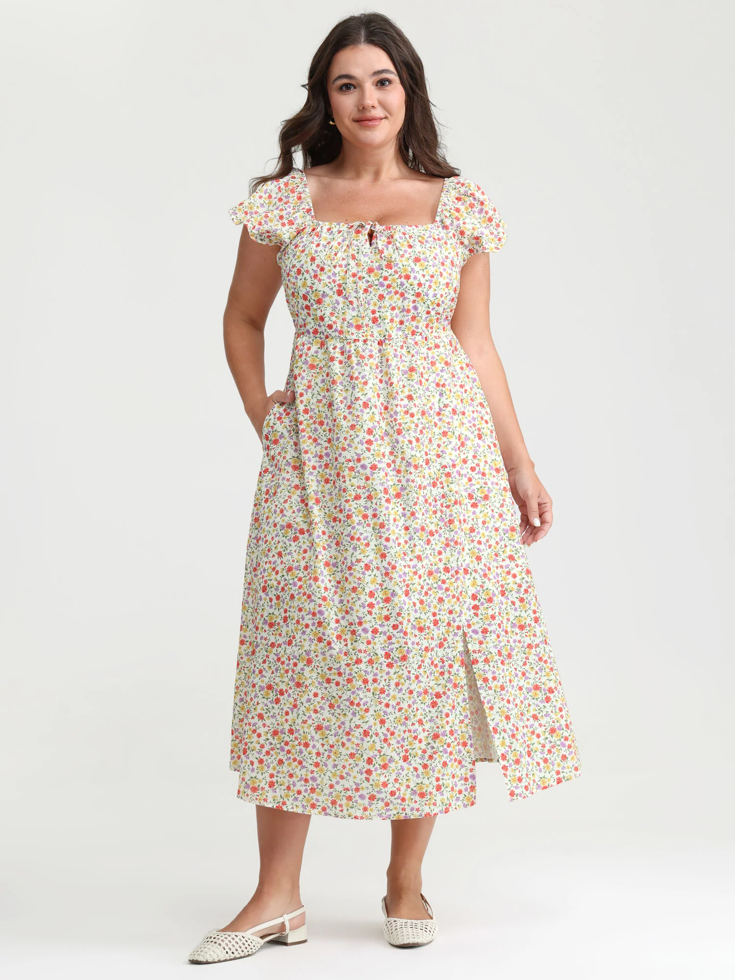 Pure Cotton Adjustable Neckline Floral Midi Dress - Image 3