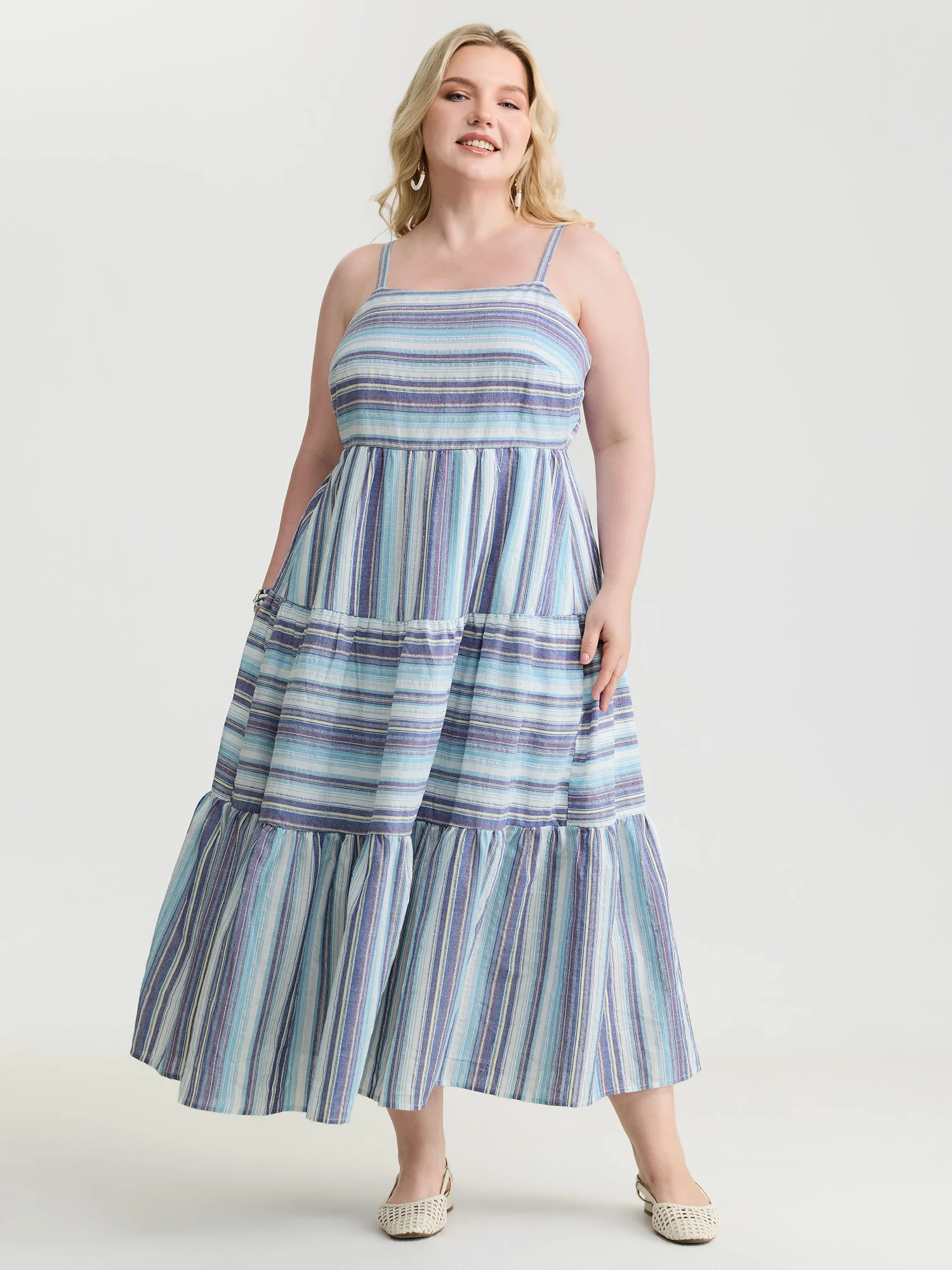 Pure Cotton Asymmetrical Stripes Open Back Midi Dress - Image 3