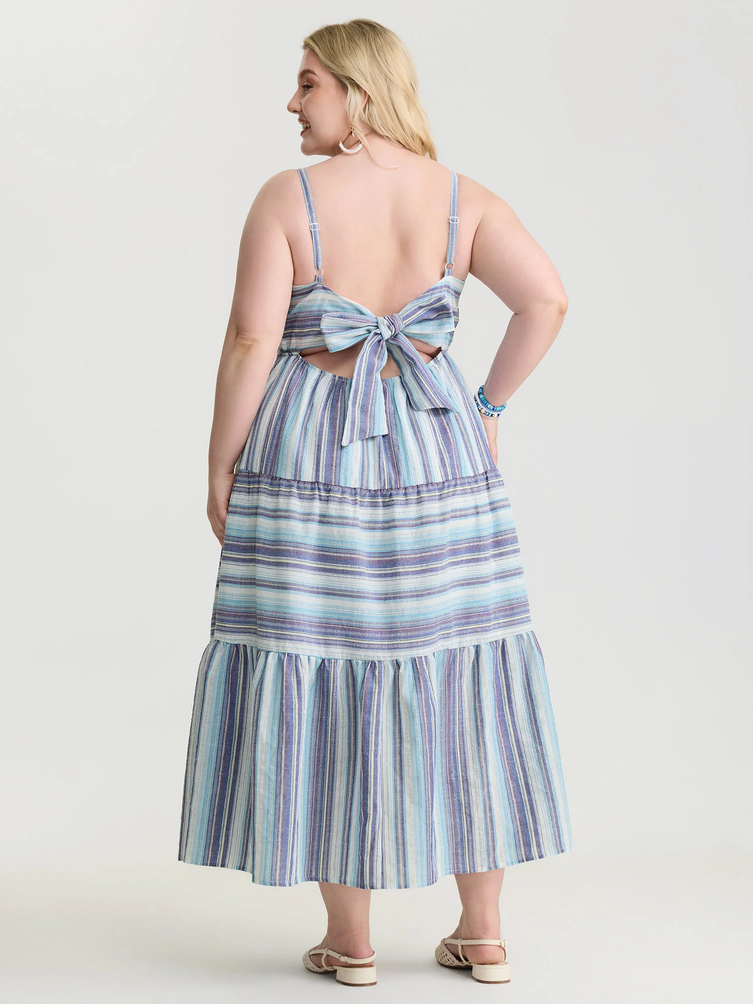 Pure Cotton Asymmetrical Stripes Open Back Midi Dress - Image 4