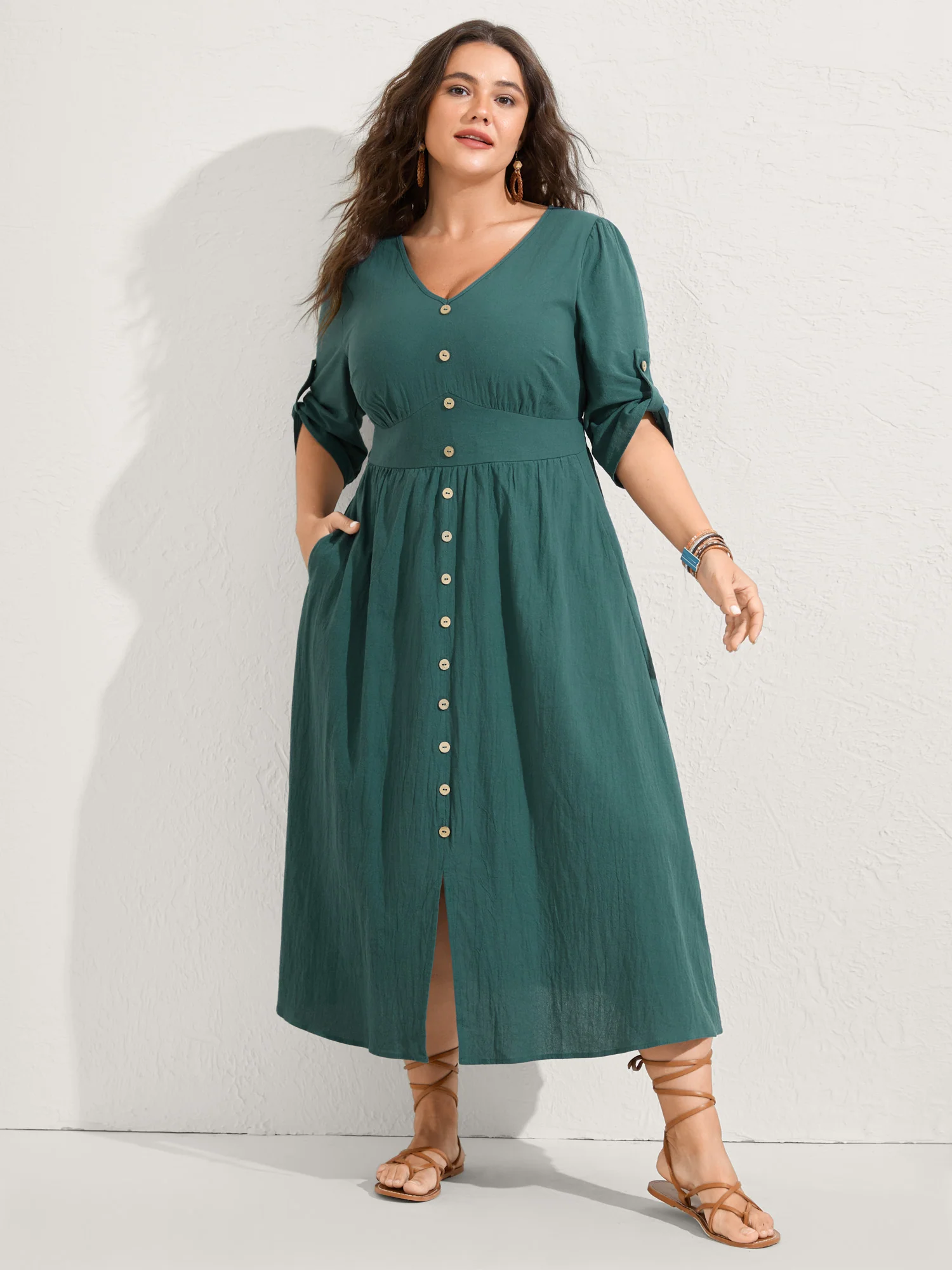 Pure Cotton Button Gathered Sleeve Midi Dress - Image 3