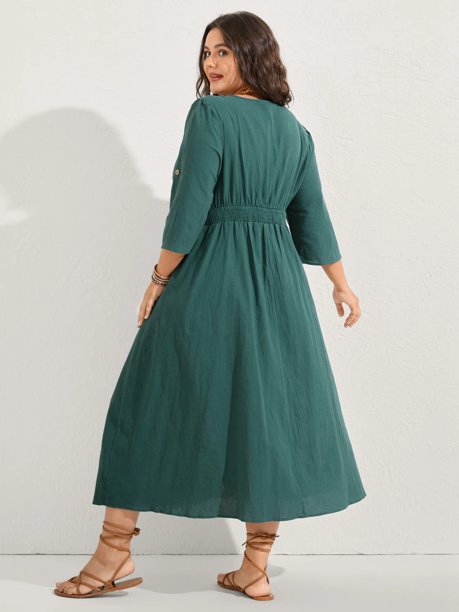 Pure Cotton Button Gathered Sleeve Midi Dress - Image 5