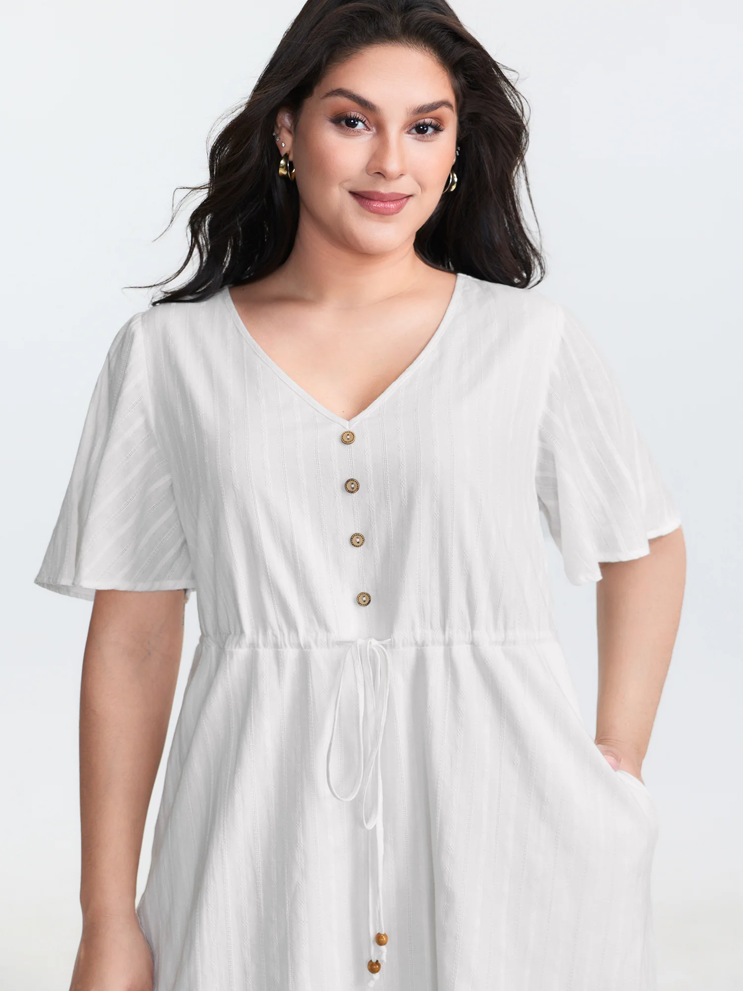 Pure Cotton Drawstring Waist Flared Sleeve Mini Dress - Image 2