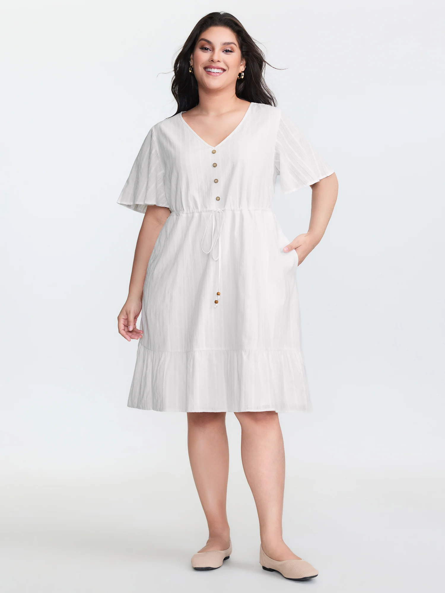 Pure Cotton Drawstring Waist Flared Sleeve Mini Dress - Image 3