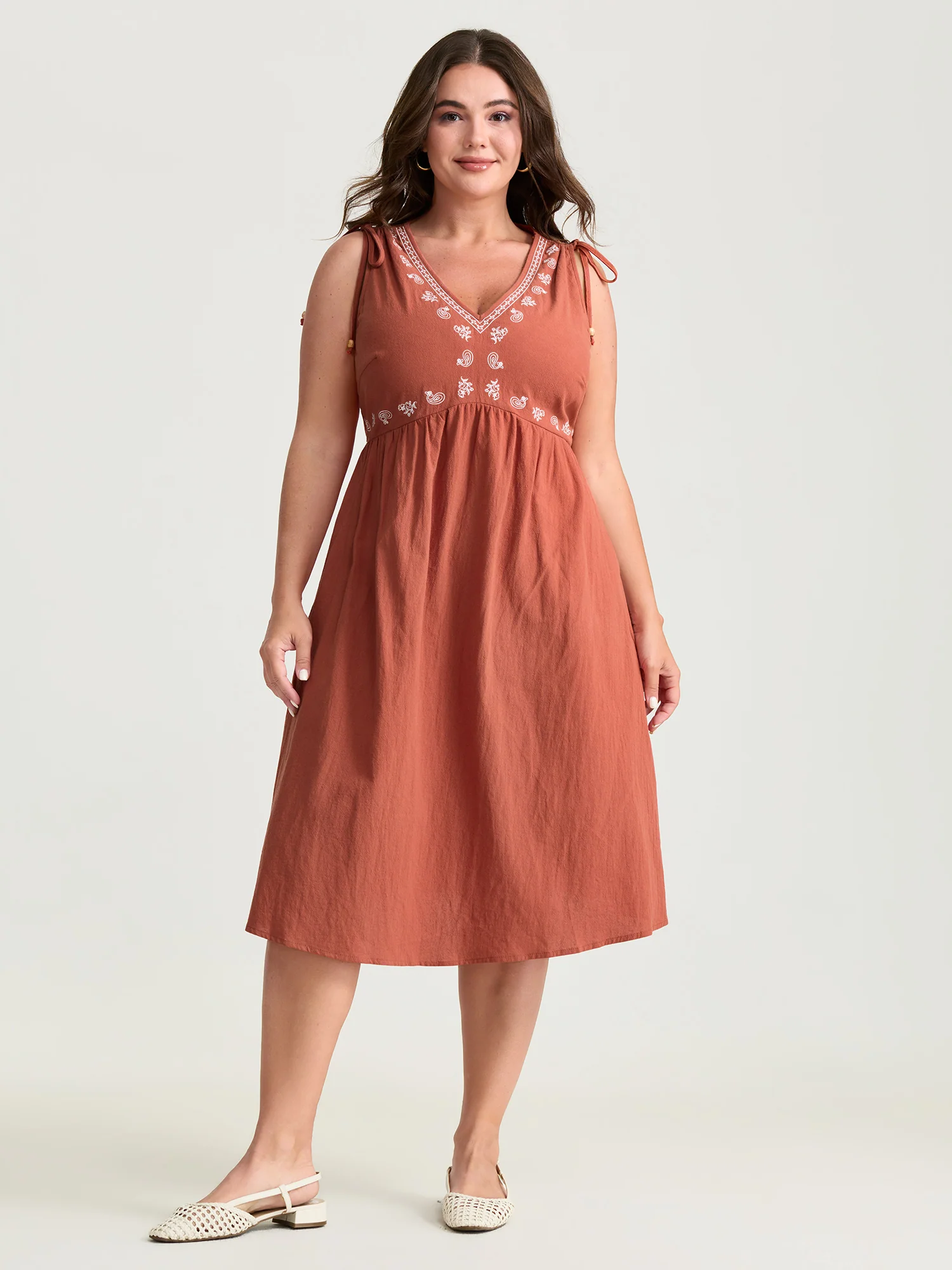 Pure Cotton Embroidered Adjustable Shoulder Midi Dress - Image 2