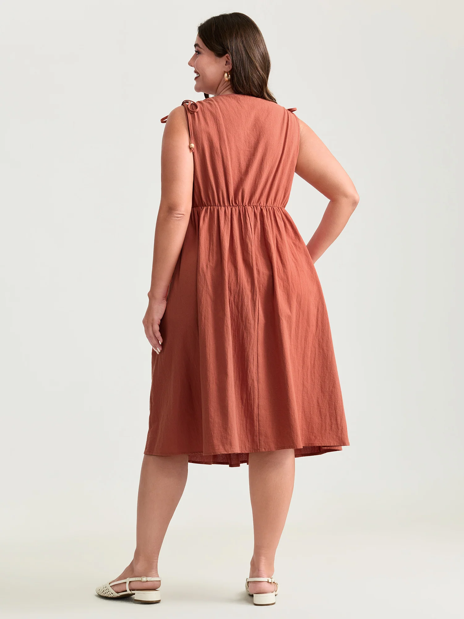 Pure Cotton Embroidered Adjustable Shoulder Midi Dress - Image 4