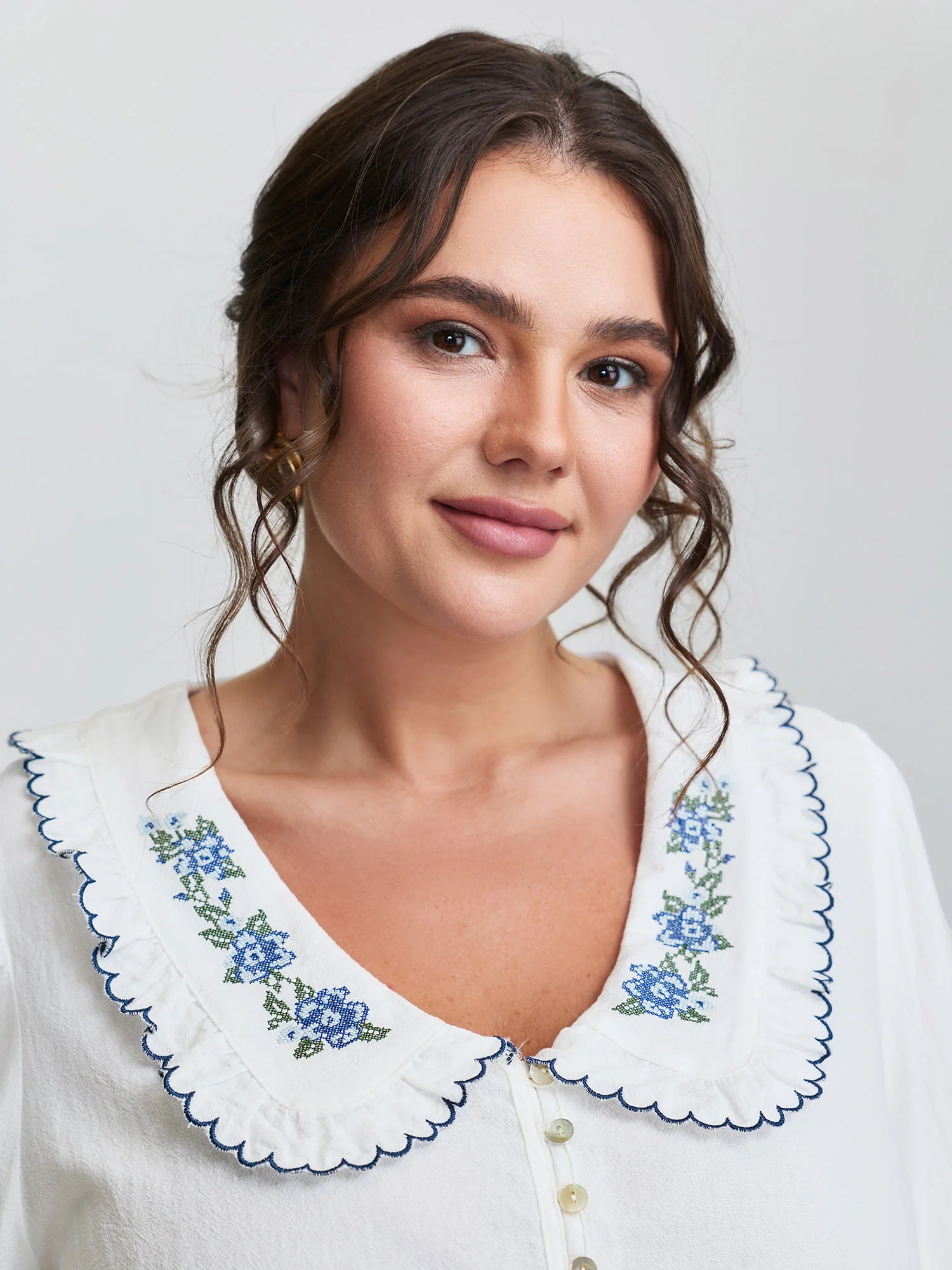 Pure Cotton Embroidered Doll Collar Blouse - Image 2