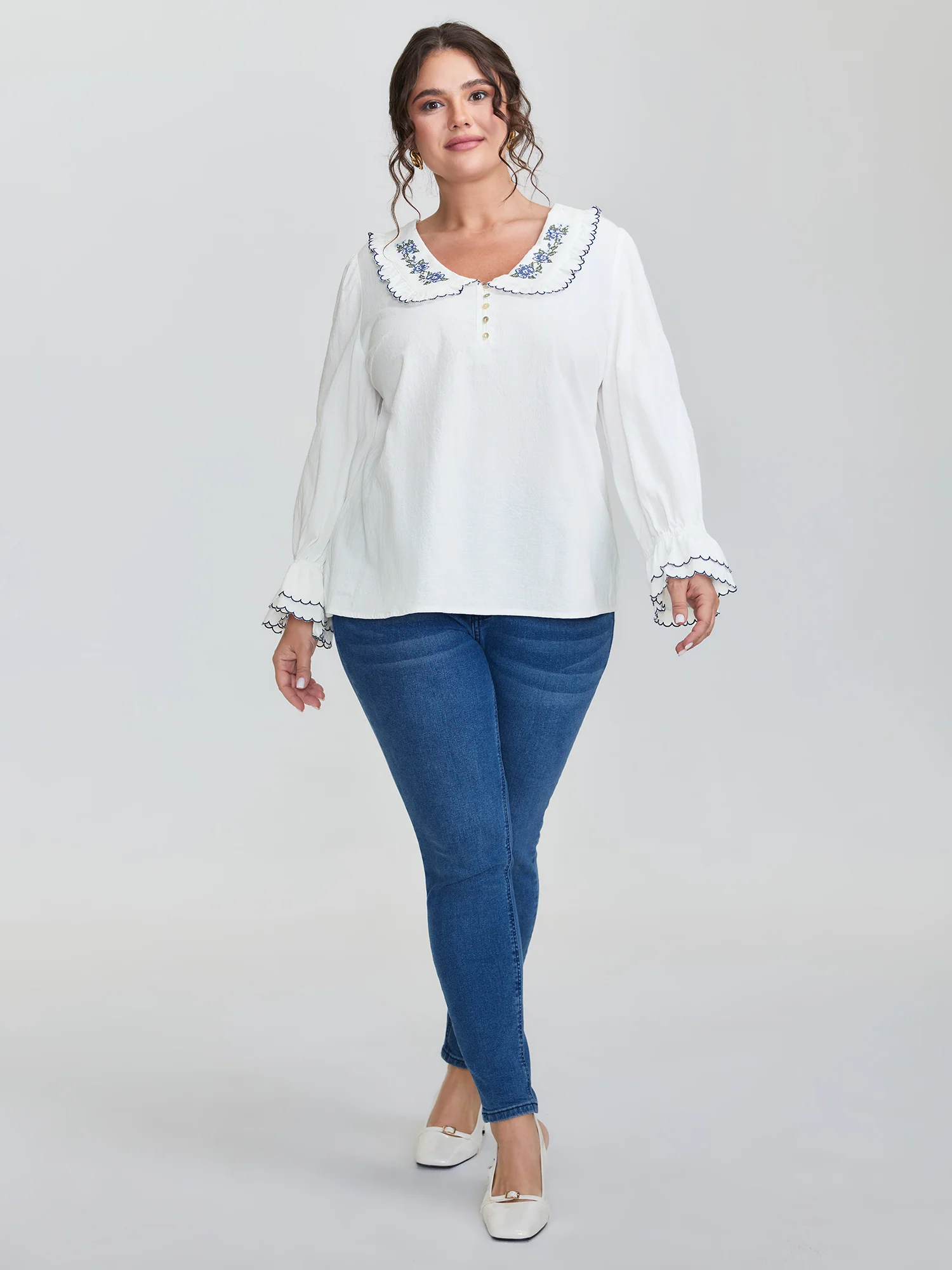 Pure Cotton Embroidered Doll Collar Blouse - Image 3