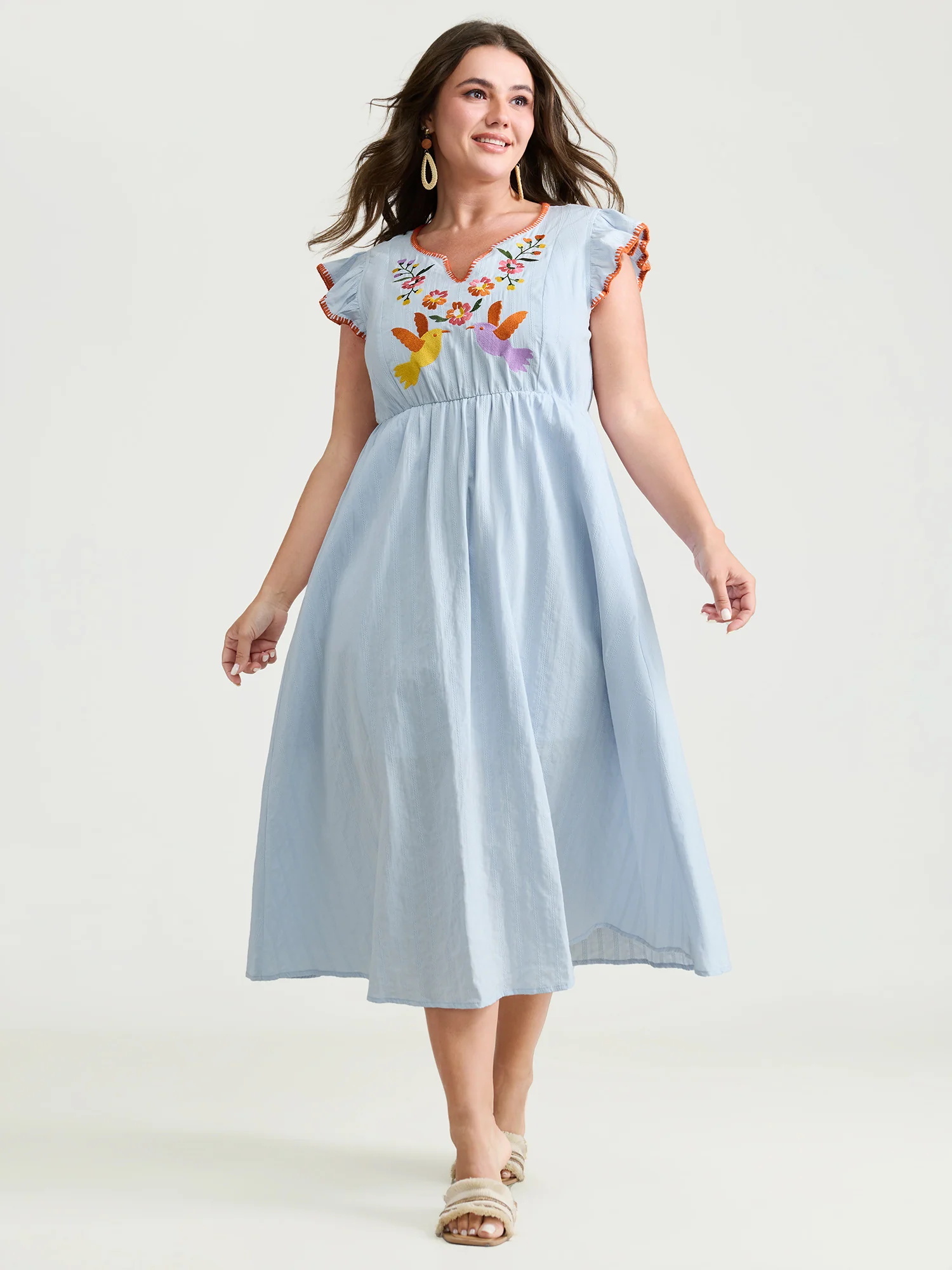 Pure Cotton Embroidered Flutter Sleeve Midi Dress - Image 2