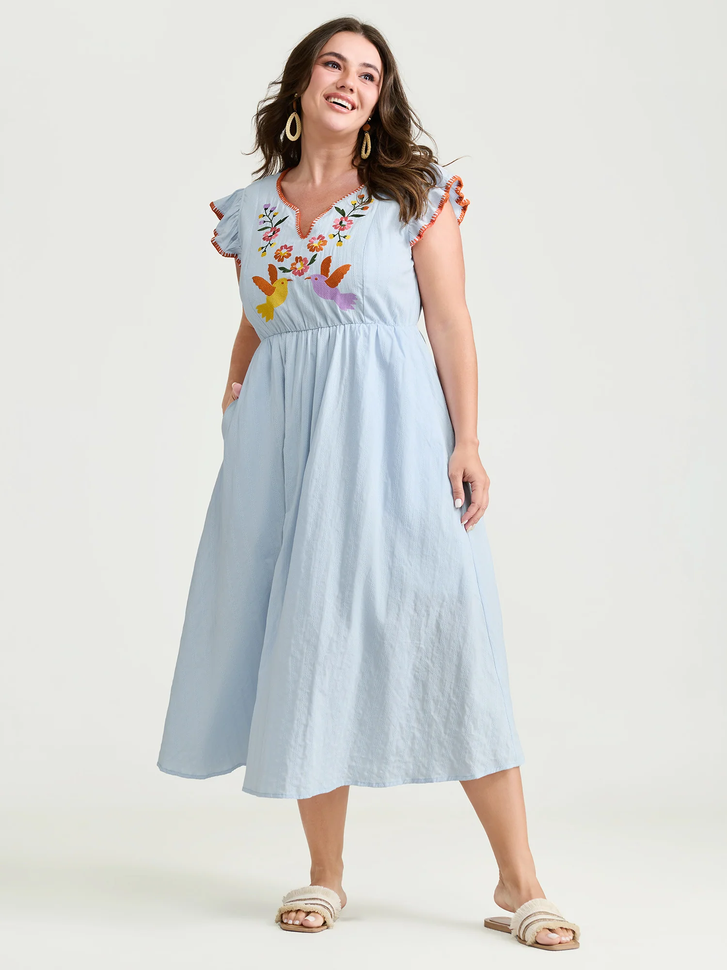 Pure Cotton Embroidered Flutter Sleeve Midi Dress - Image 3