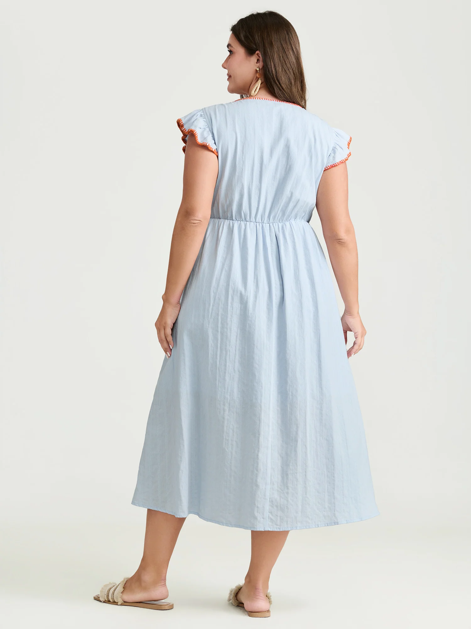 Pure Cotton Embroidered Flutter Sleeve Midi Dress - Image 4