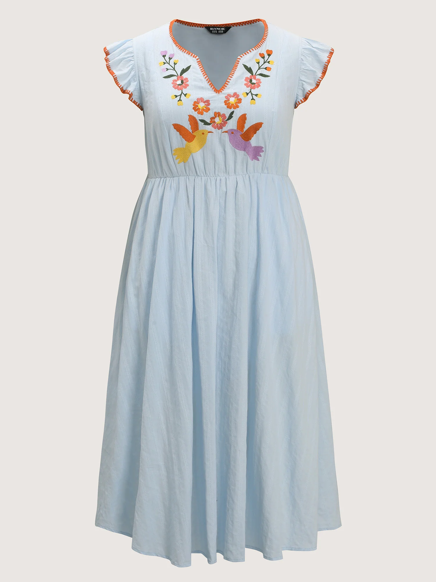 Pure Cotton Embroidered Flutter Sleeve Midi Dress - Image 5