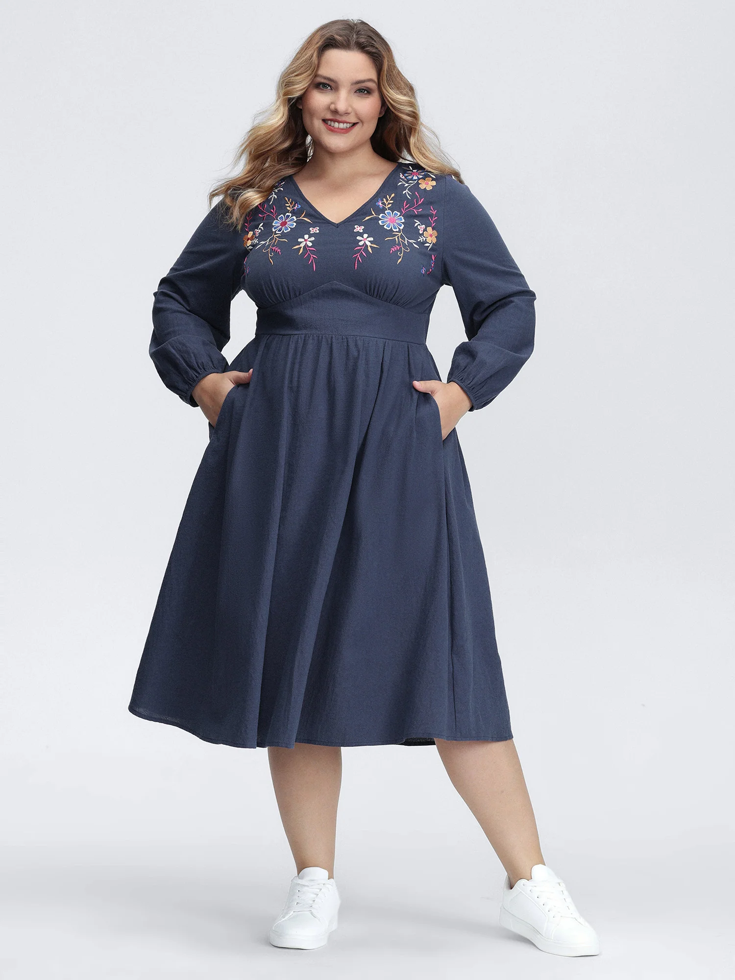 Pure Cotton Embroidered Neckline Midi Dress - Image 3