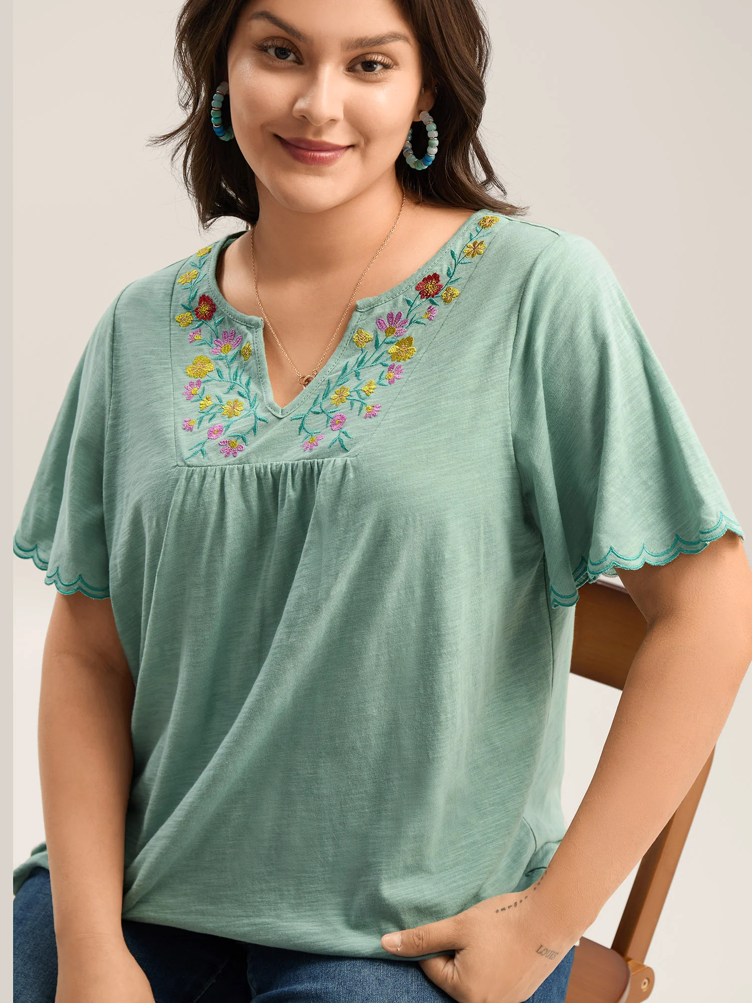 Pure Cotton Embroidered Pleated T-Shirt - Image 2