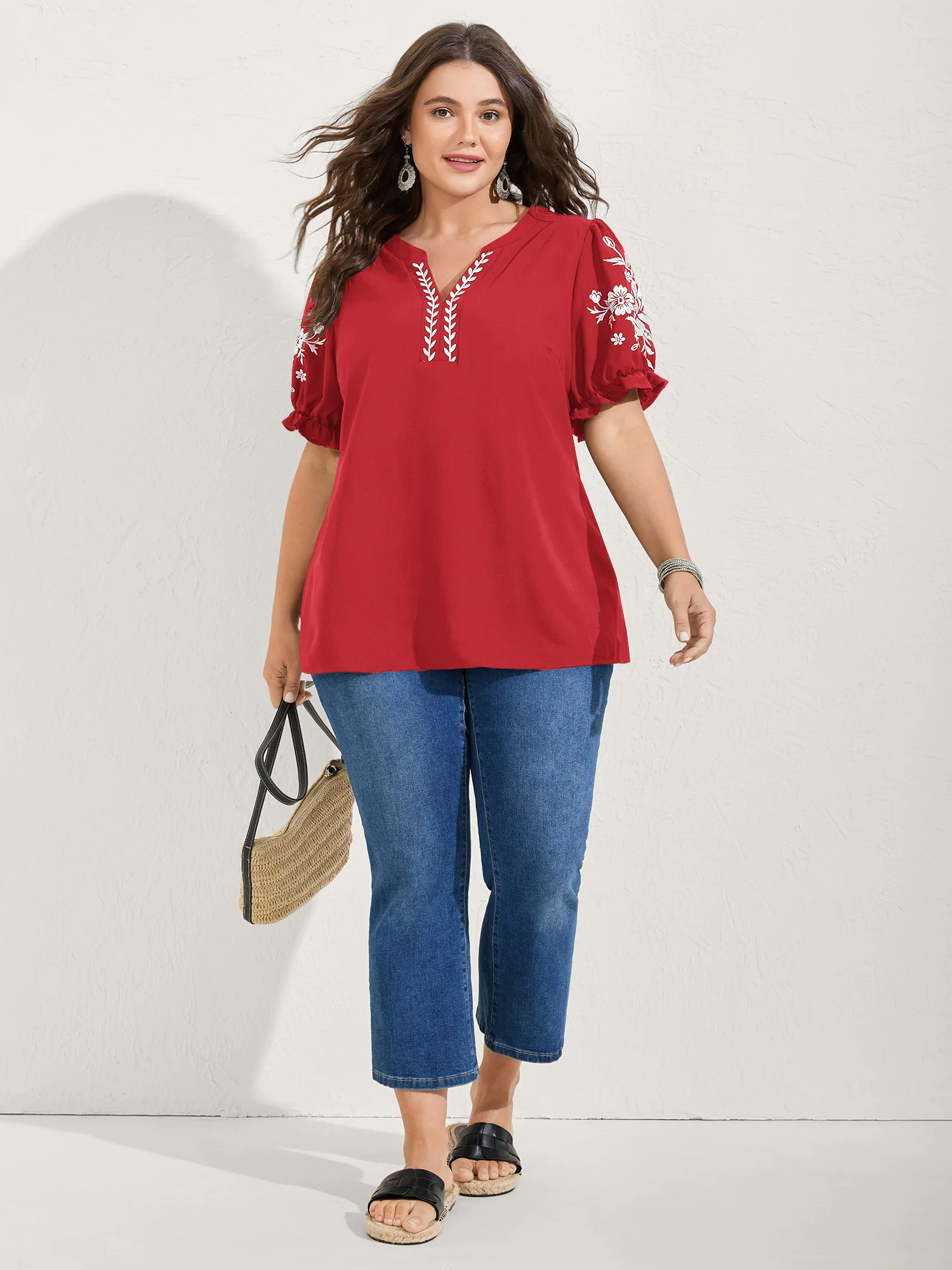 Notched Collar Embroidered Ruffled Blouse - Image 12