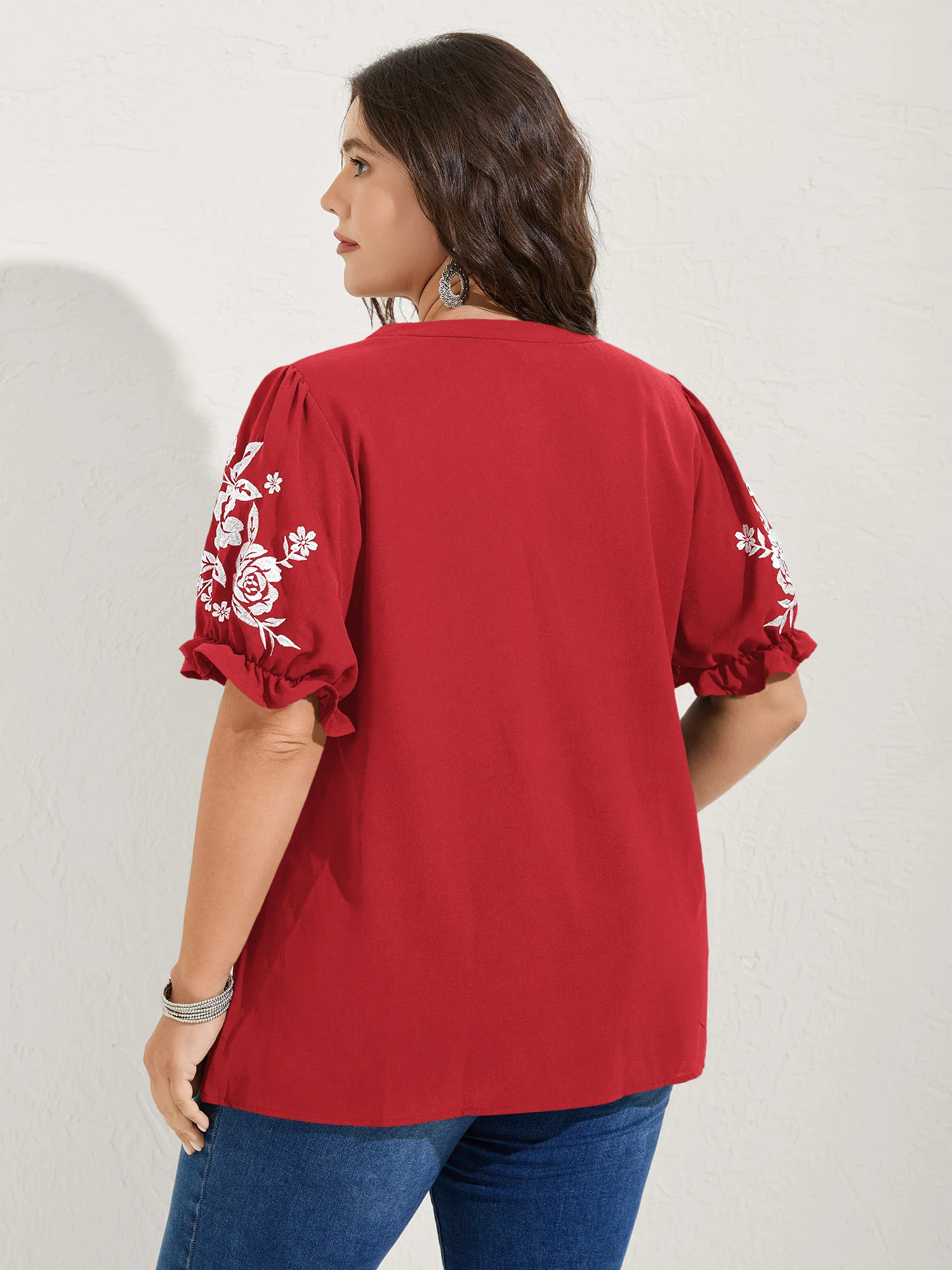 Notched Collar Embroidered Ruffled Blouse - Image 13