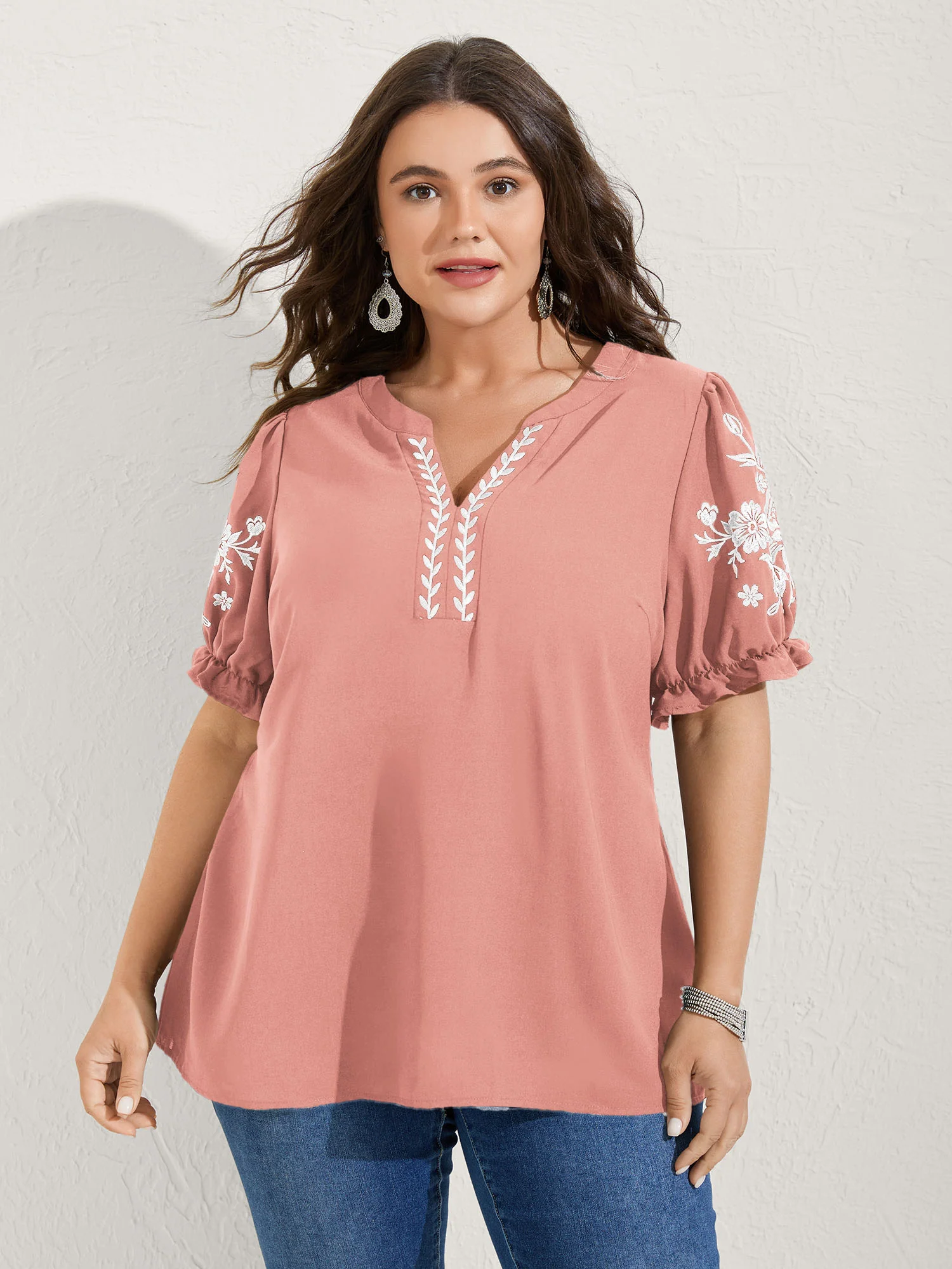 Notched Collar Embroidered Ruffled Blouse - Image 14