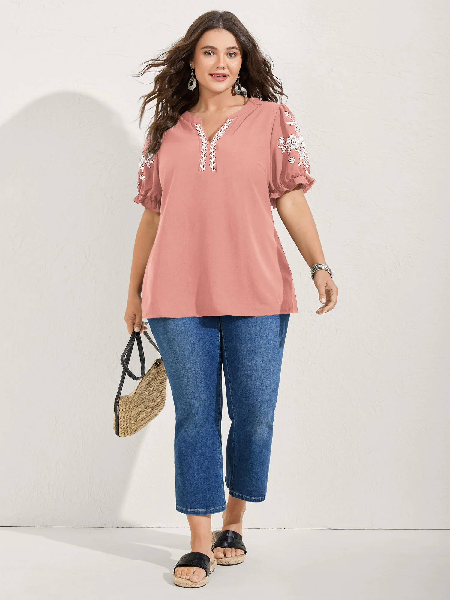 Notched Collar Embroidered Ruffled Blouse - Image 17