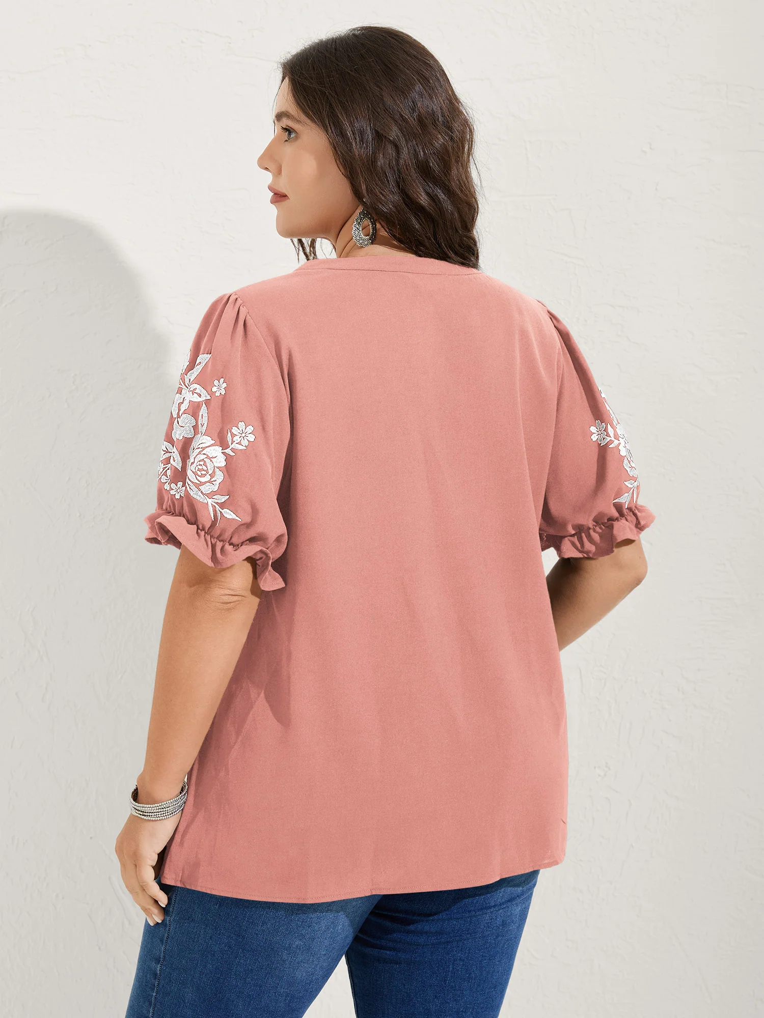 Notched Collar Embroidered Ruffled Blouse - Image 18