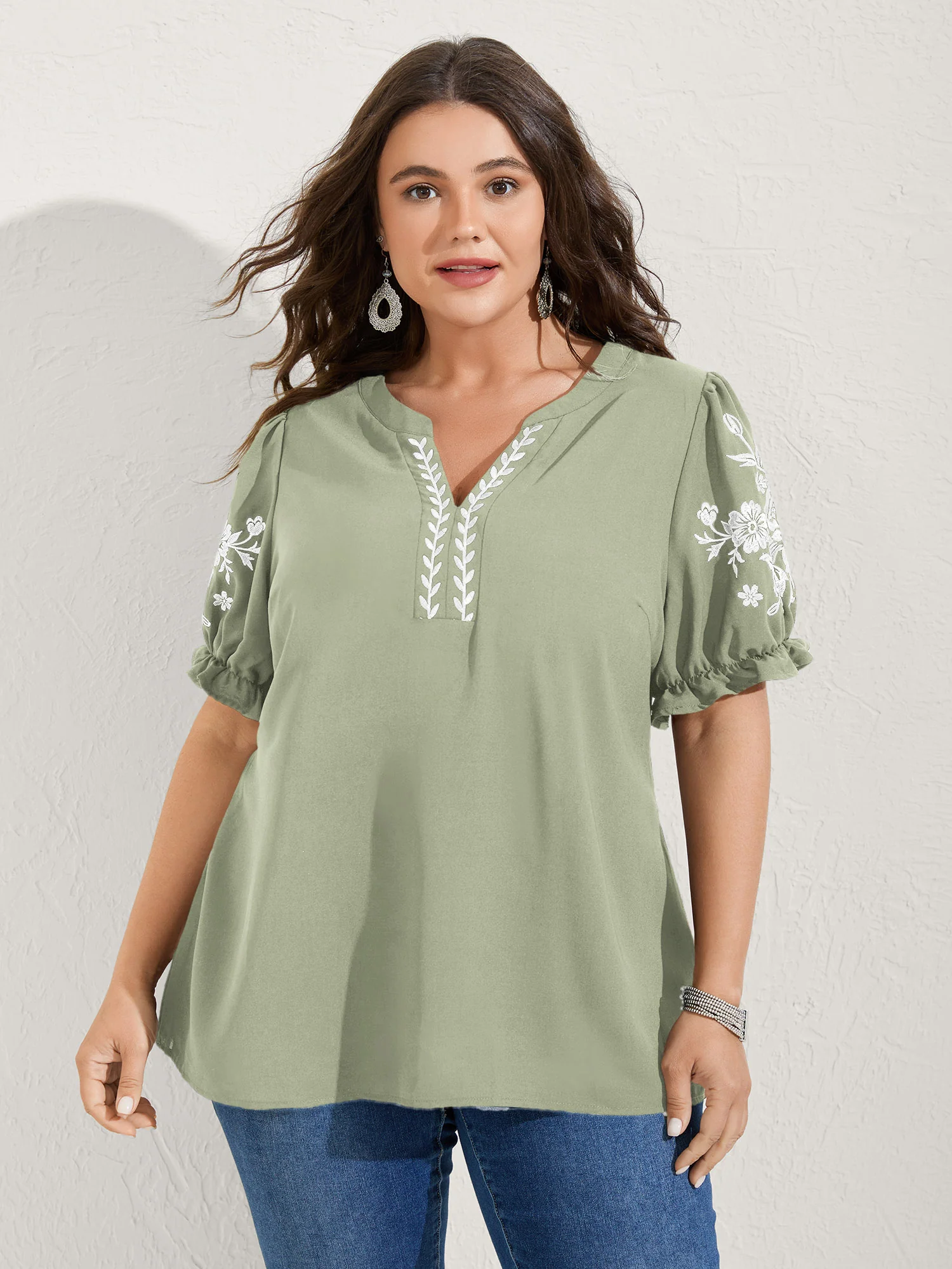 Notched Collar Embroidered Ruffled Blouse - Image 19