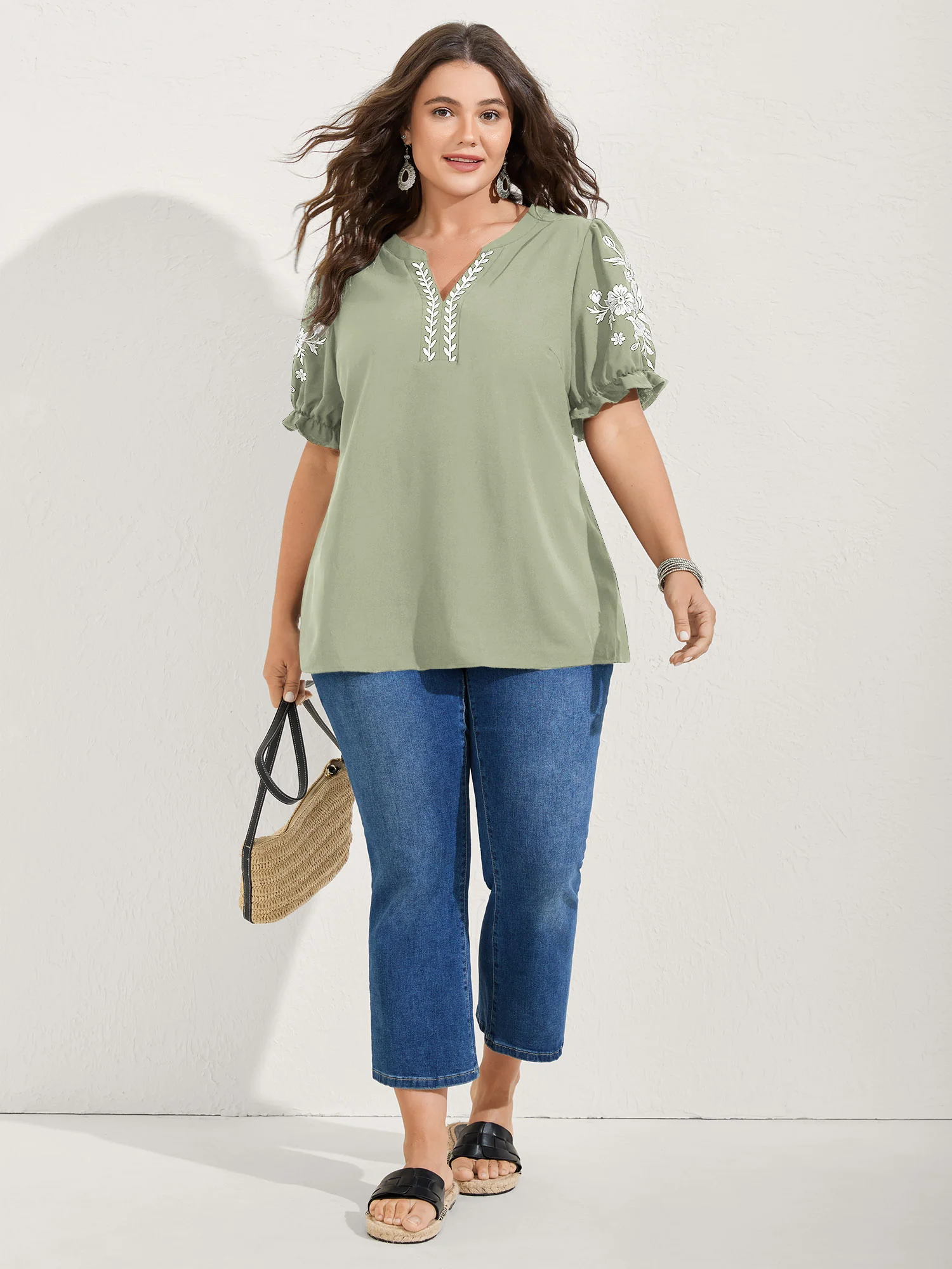 Notched Collar Embroidered Ruffled Blouse - Image 22