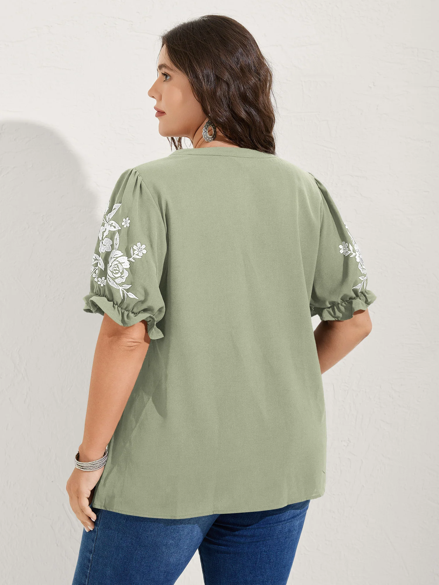 Notched Collar Embroidered Ruffled Blouse - Image 23