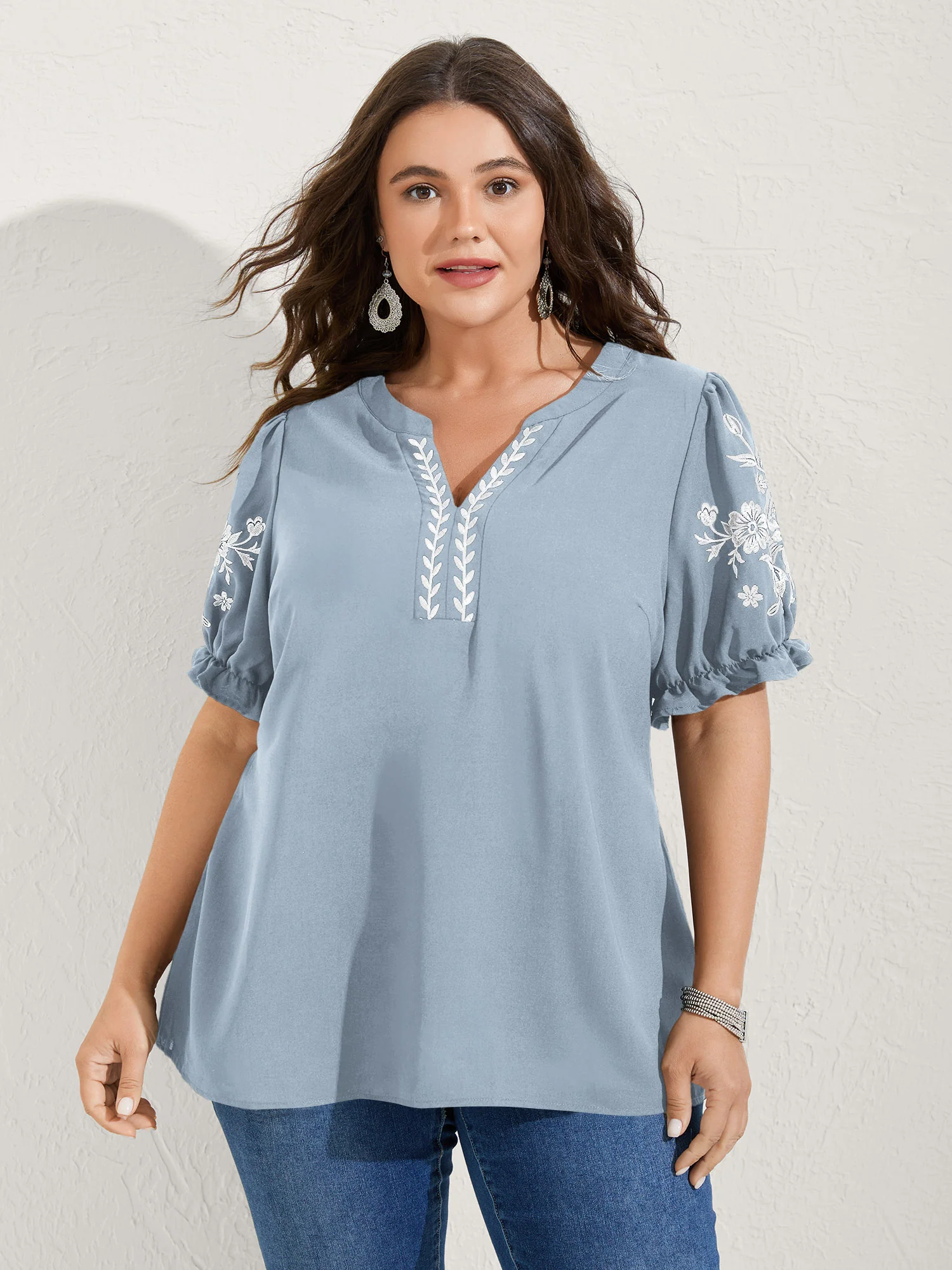 Notched Collar Embroidered Ruffled Blouse - Image 24