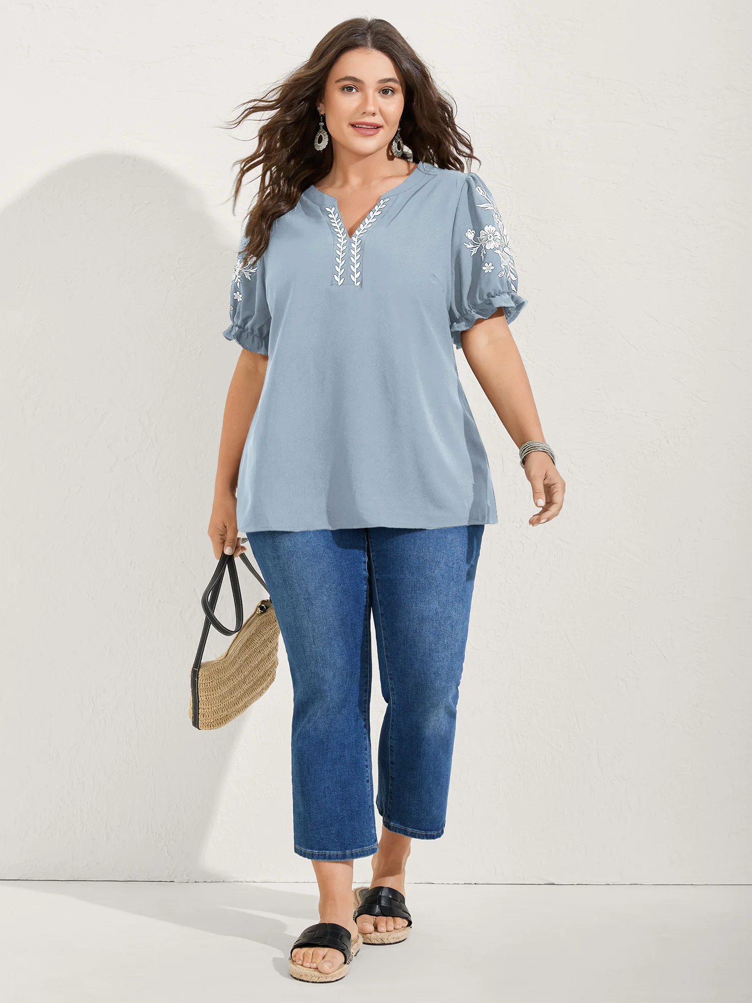 Notched Collar Embroidered Ruffled Blouse - Image 27