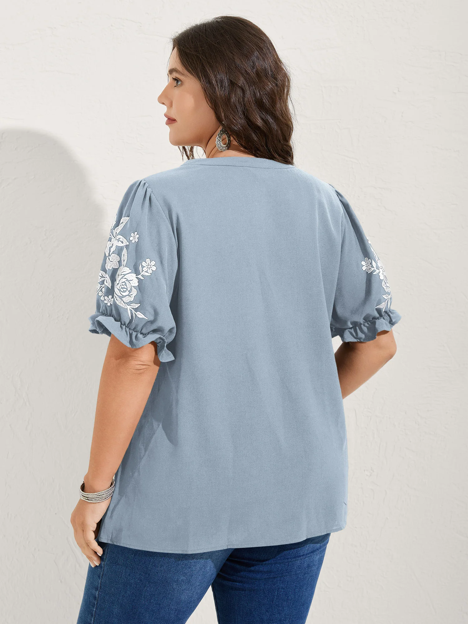 Notched Collar Embroidered Ruffled Blouse - Image 28