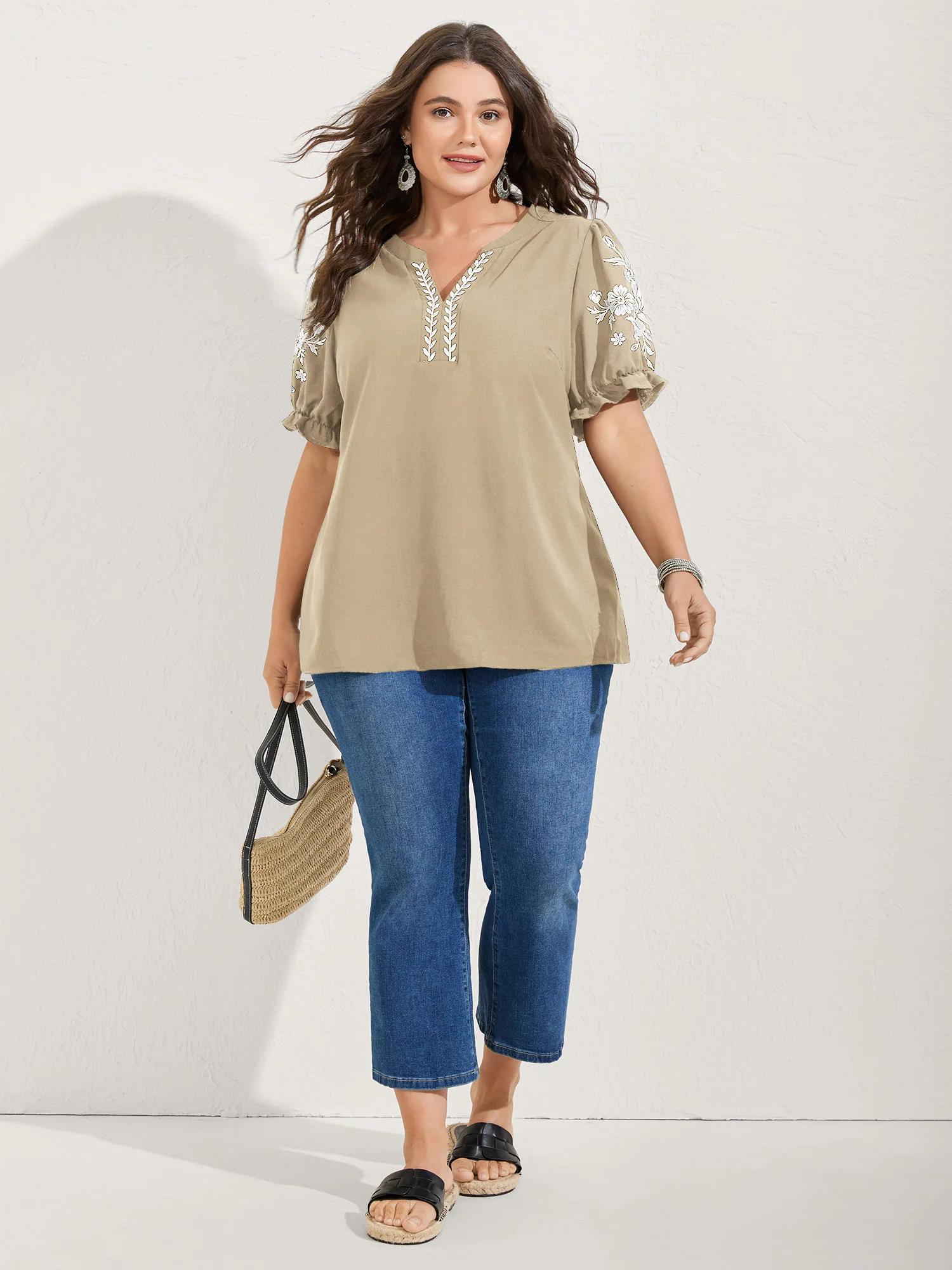 Notched Collar Embroidered Ruffled Blouse - Image 32