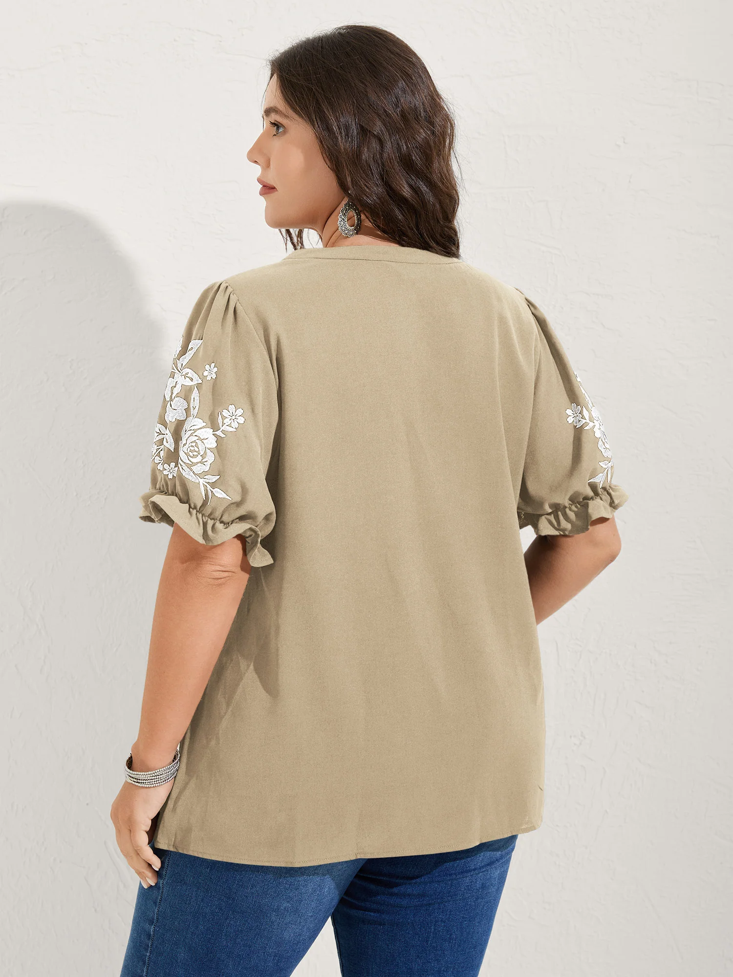 Notched Collar Embroidered Ruffled Blouse - Image 33