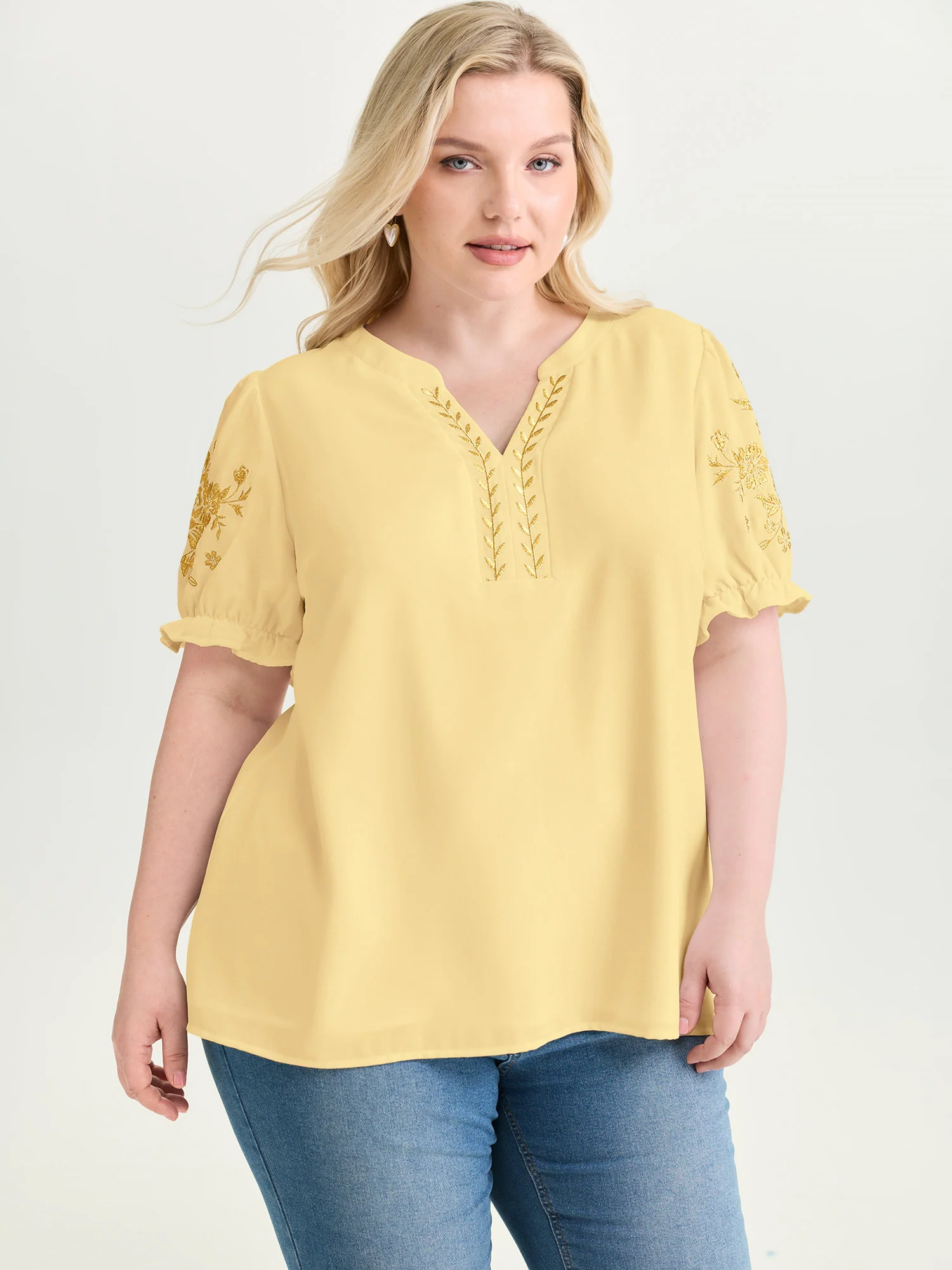Notched Collar Embroidered Ruffled Blouse - Image 34