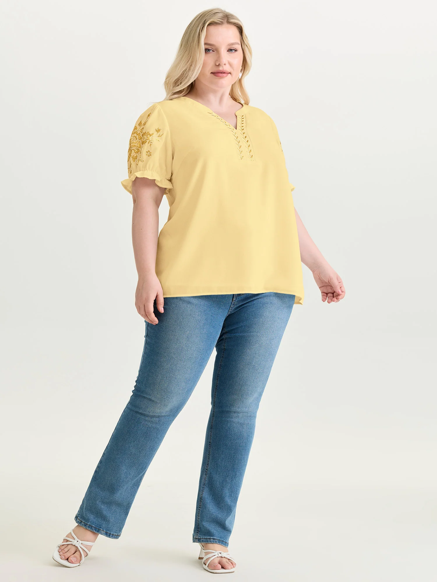 Notched Collar Embroidered Ruffled Blouse - Image 36