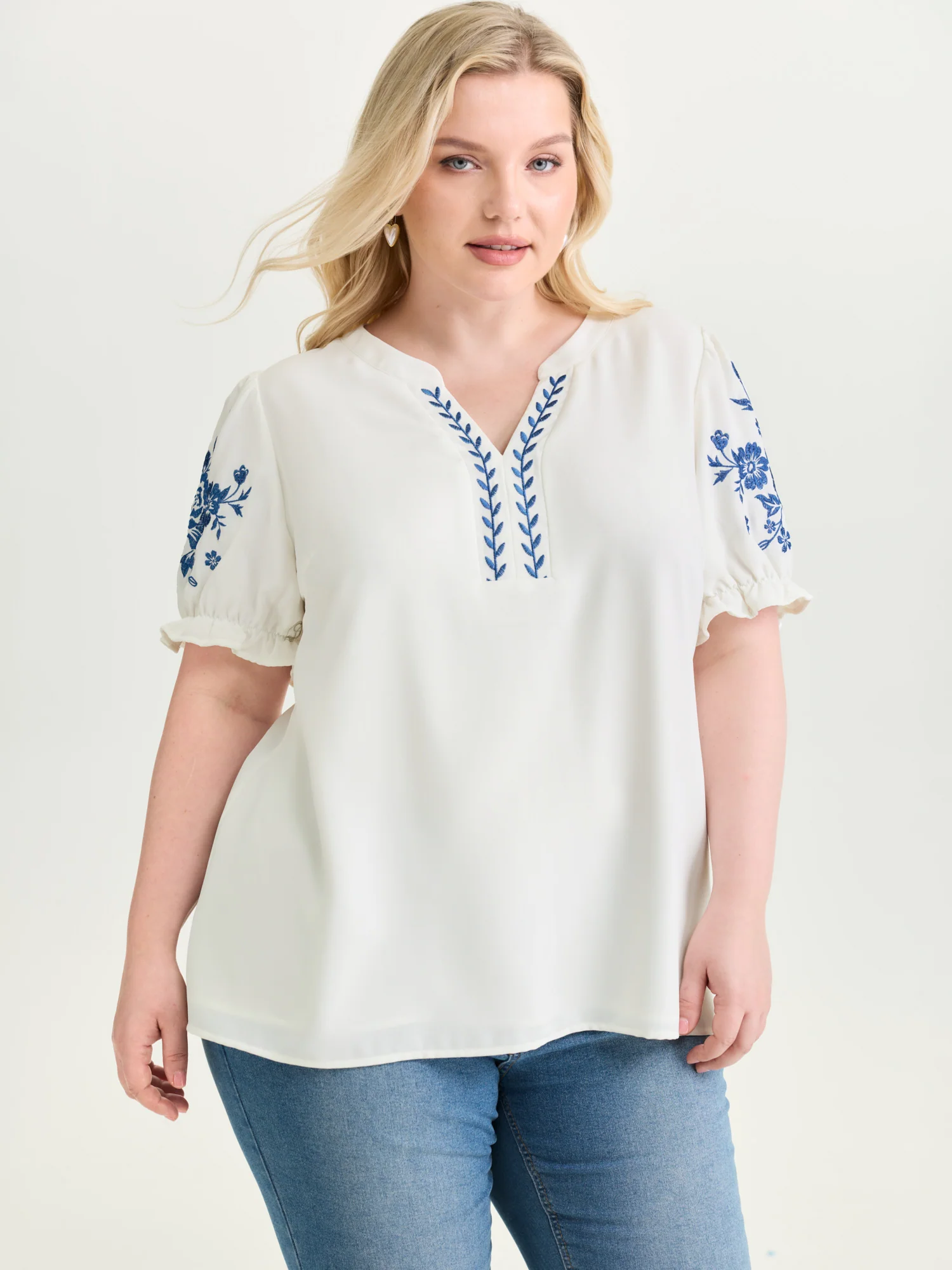 Notched Collar Embroidered Ruffled Blouse - Image 38