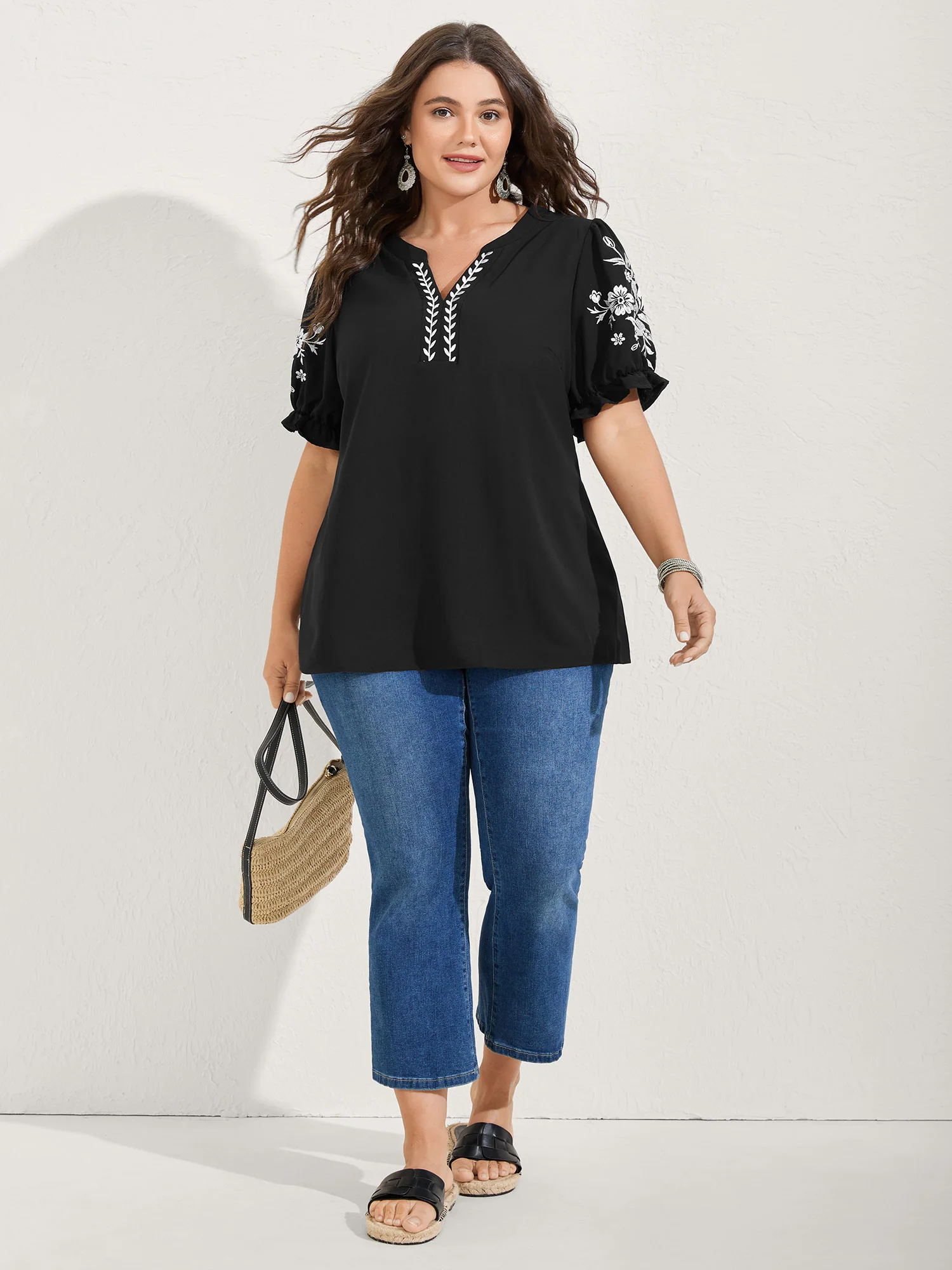 Notched Collar Embroidered Ruffled Blouse - Image 4