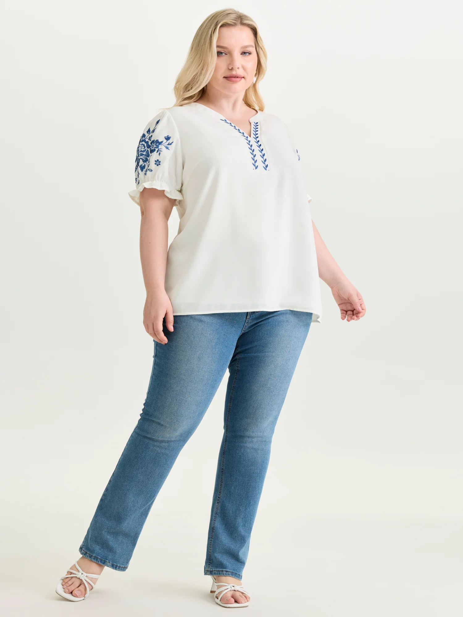 Notched Collar Embroidered Ruffled Blouse - Image 40