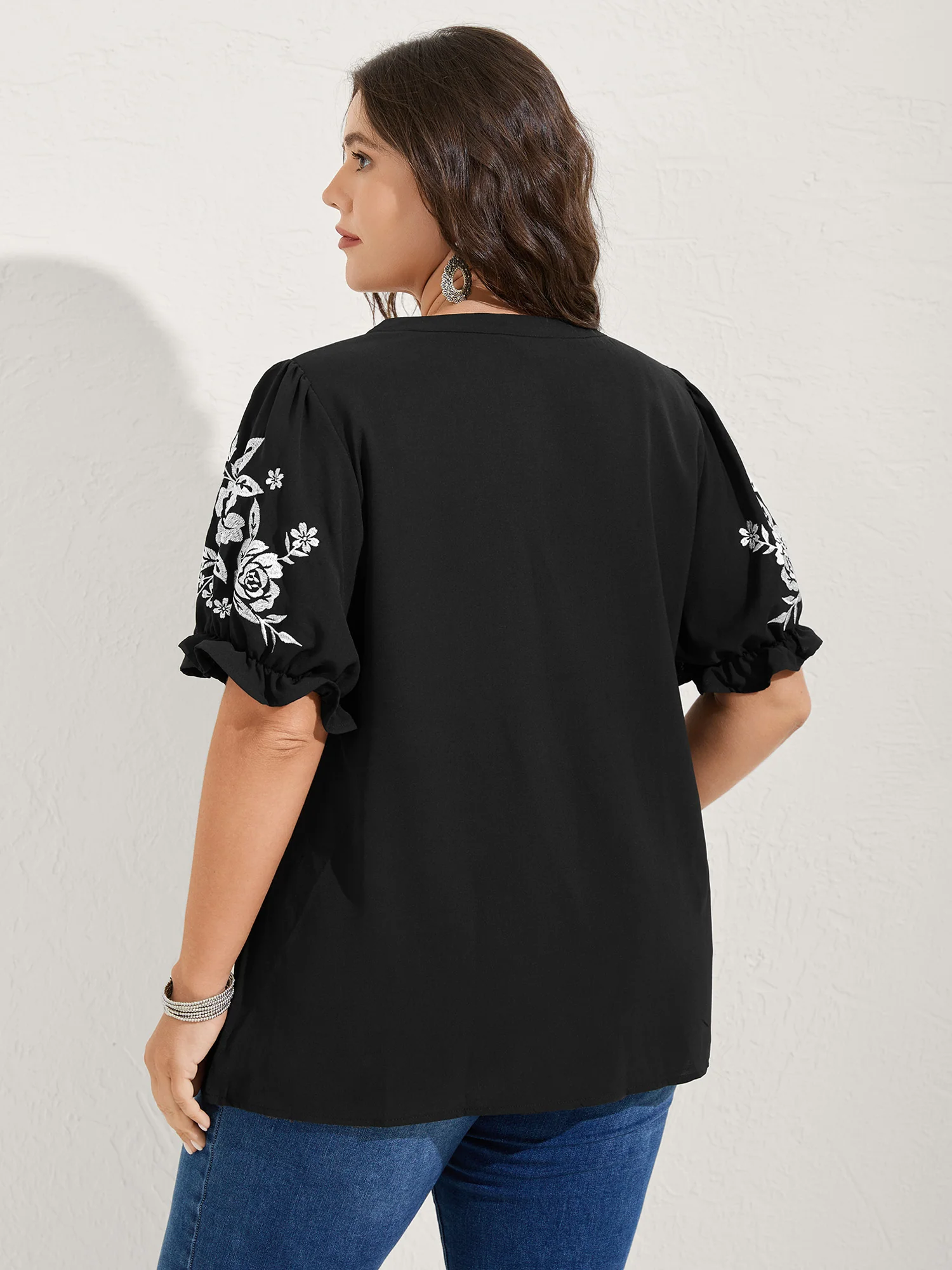 Notched Collar Embroidered Ruffled Blouse - Image 5